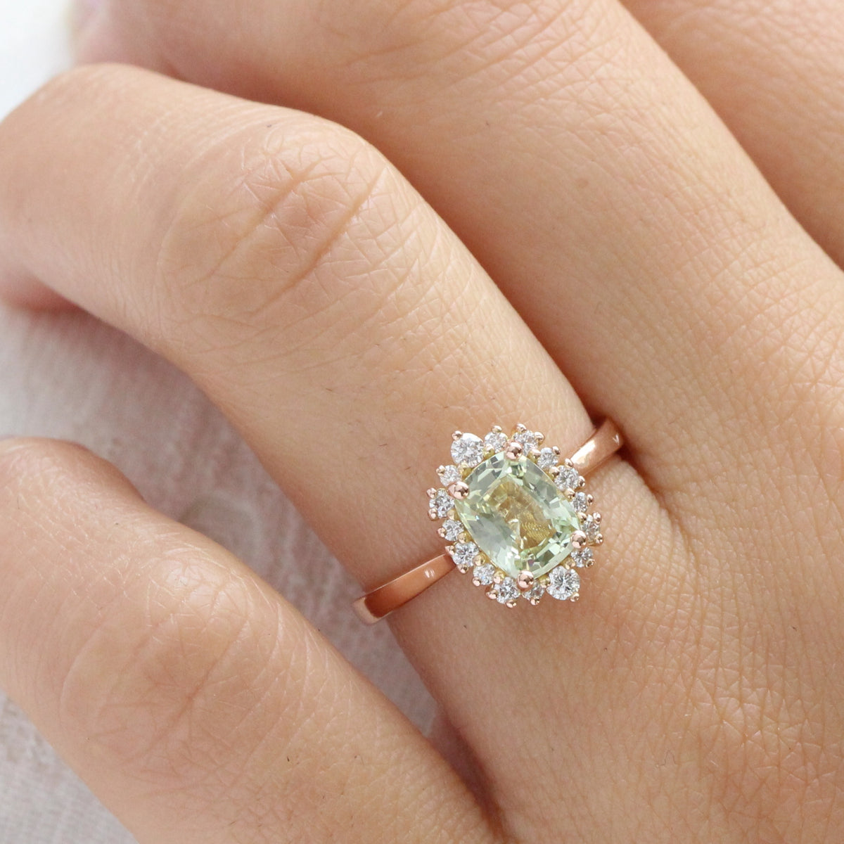 Halo diamond sea foam green sapphire ring rose gold cushion sapphire ring la more design jewelry