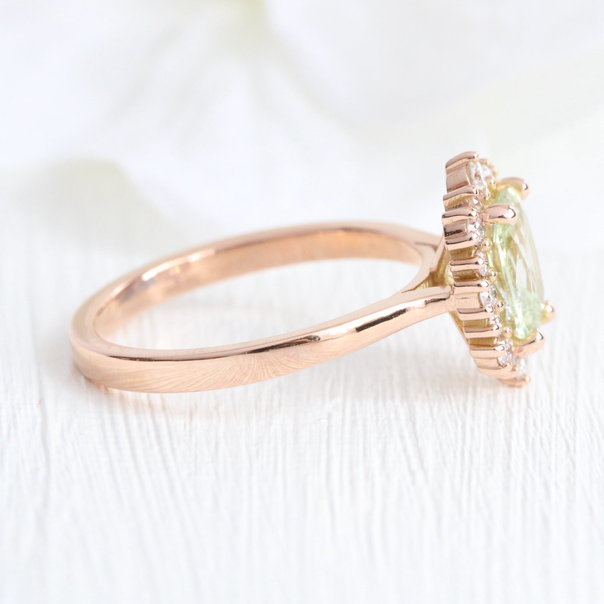 Halo diamond sea foam green sapphire ring rose gold cushion sapphire ring la more design jewelry