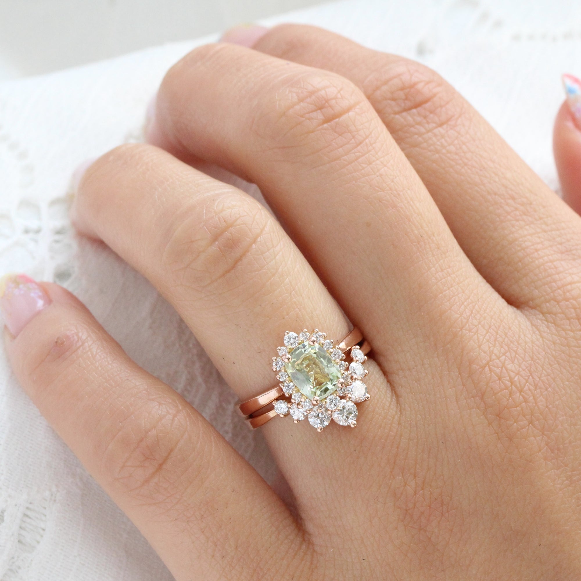 Halo diamond sea foam green sapphire ring rose gold cushion sapphire ring la more design jewelry