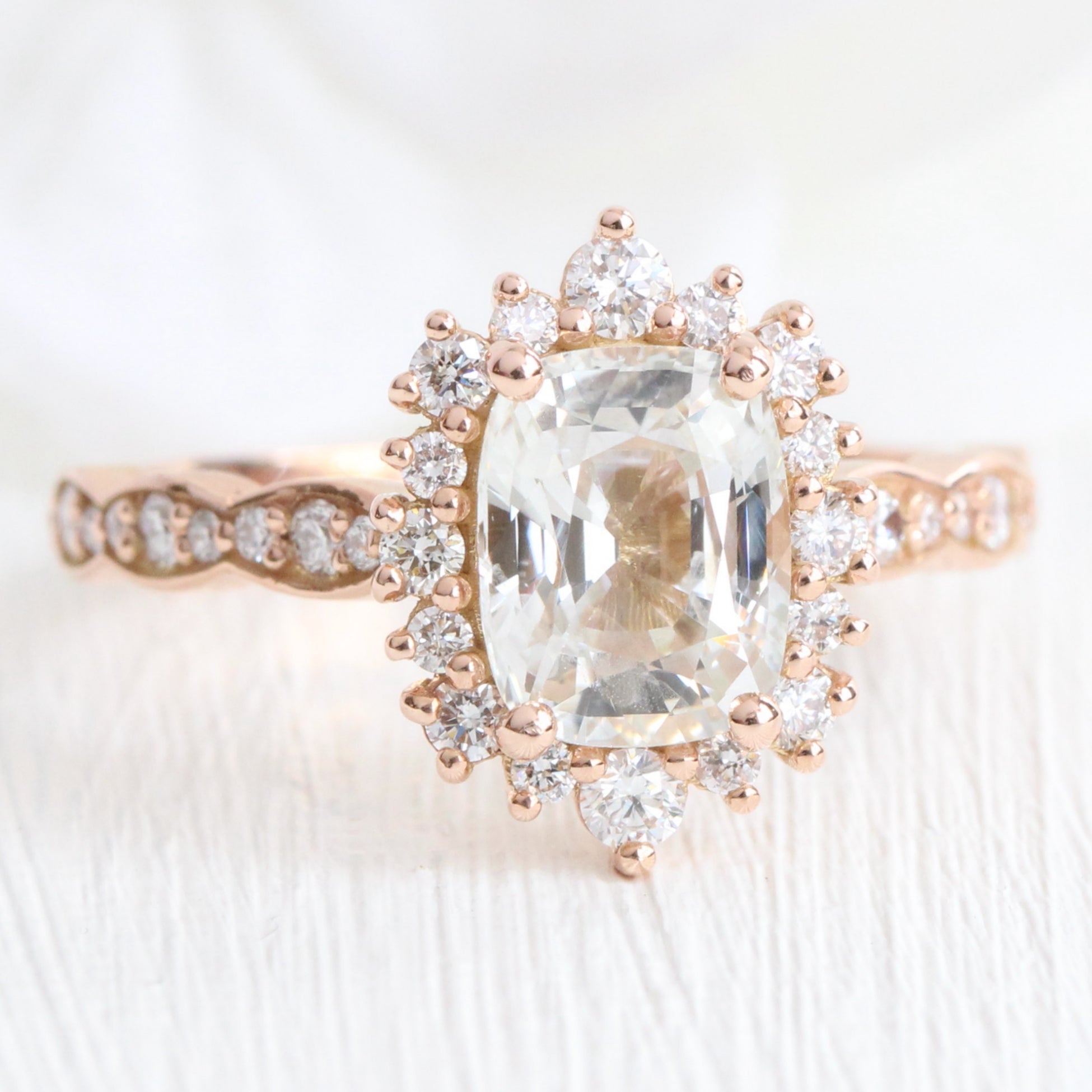 Halo diamond white sapphire ring rose gold cushion sapphire ring la more design jewelry