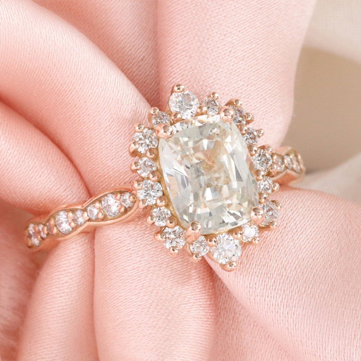 Halo diamond white sapphire ring rose gold cushion sapphire ring la more design jewelry