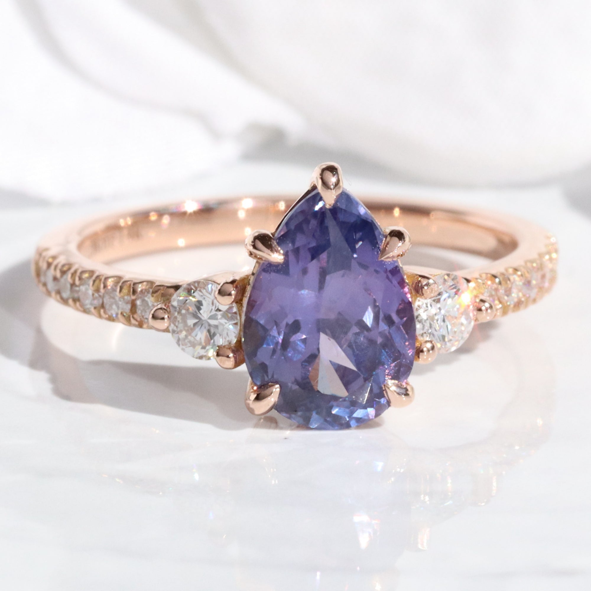 Pear purple sapphire ring rose gold 3 stone diamond ring la more design jewelry