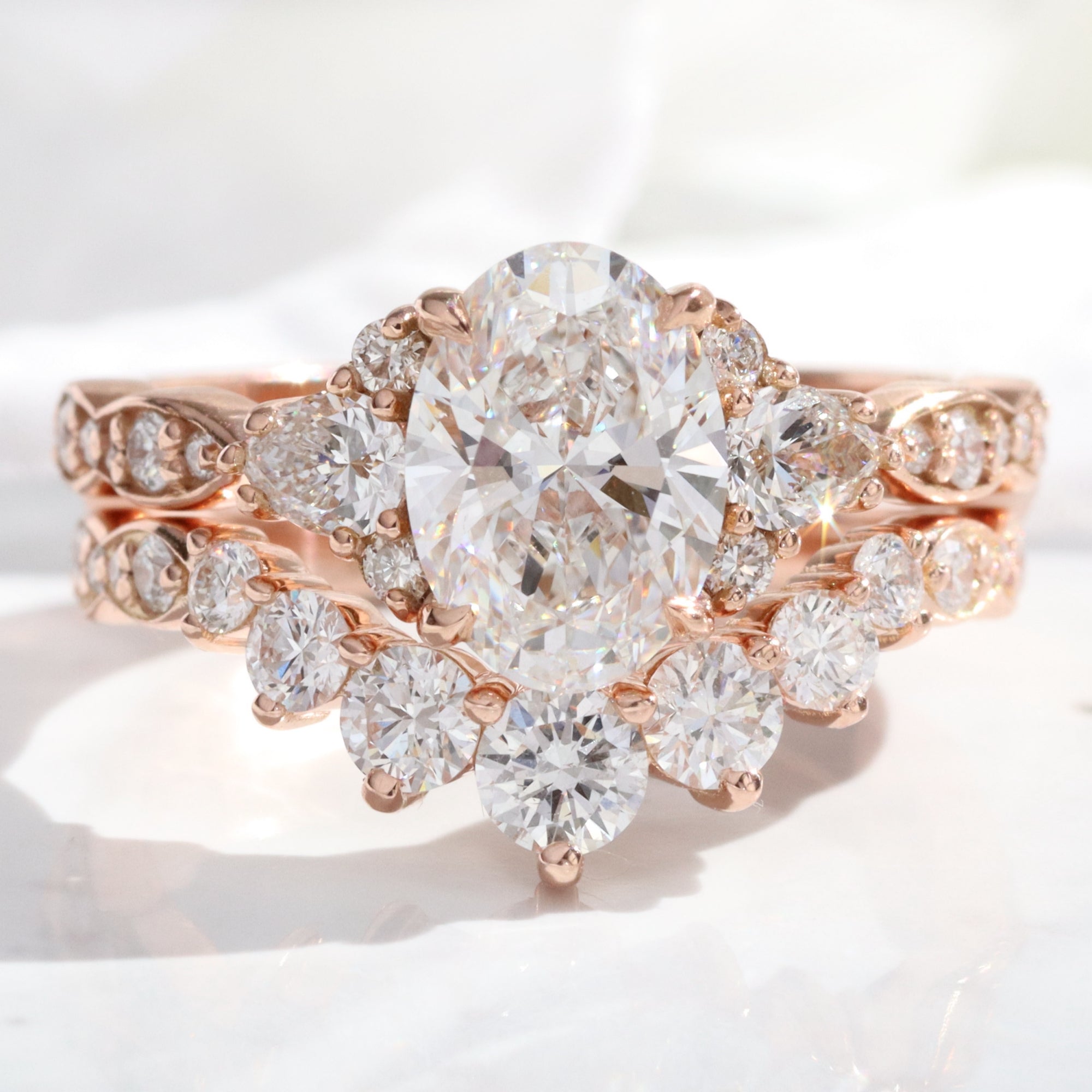 Large 7 diamond wedding ring and 3 stone diamond engagement ring rose gold la more design jewelry