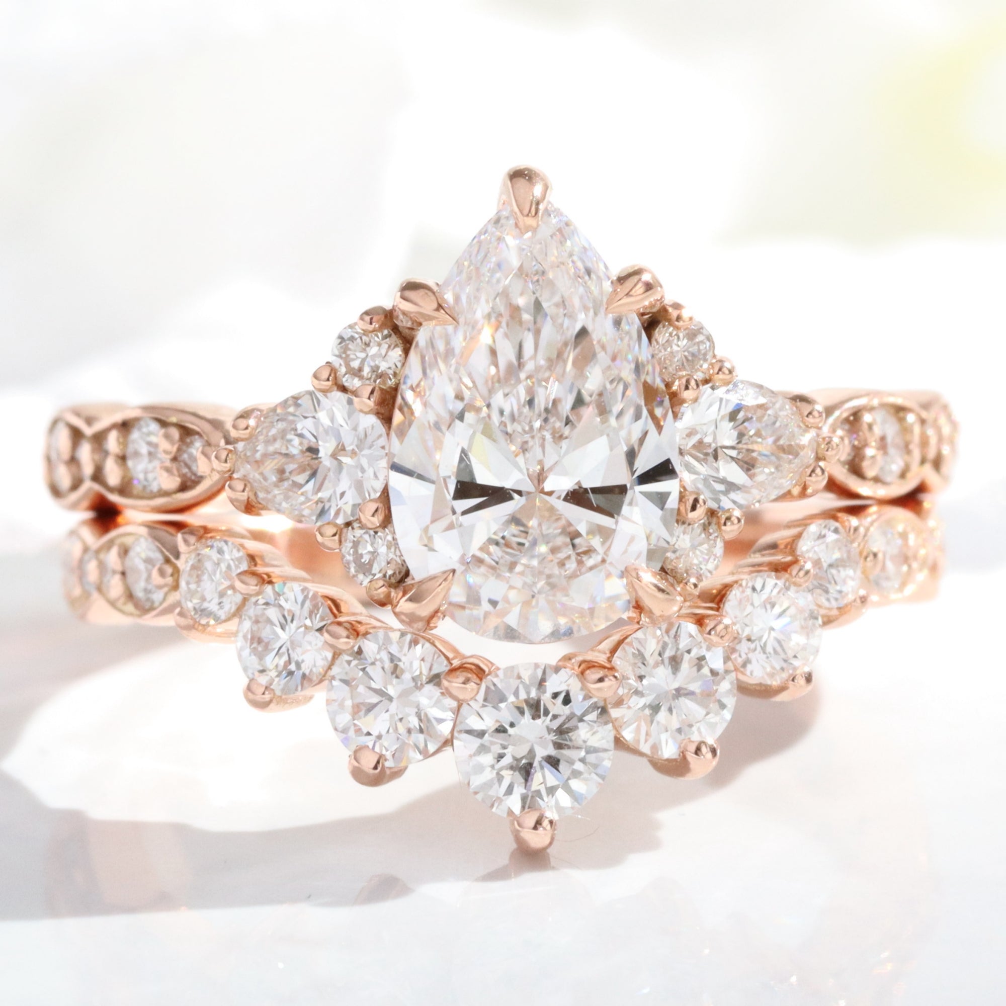 Large 7 diamond wedding ring and 3 stone diamond engagement ring rose gold la more design jewelry