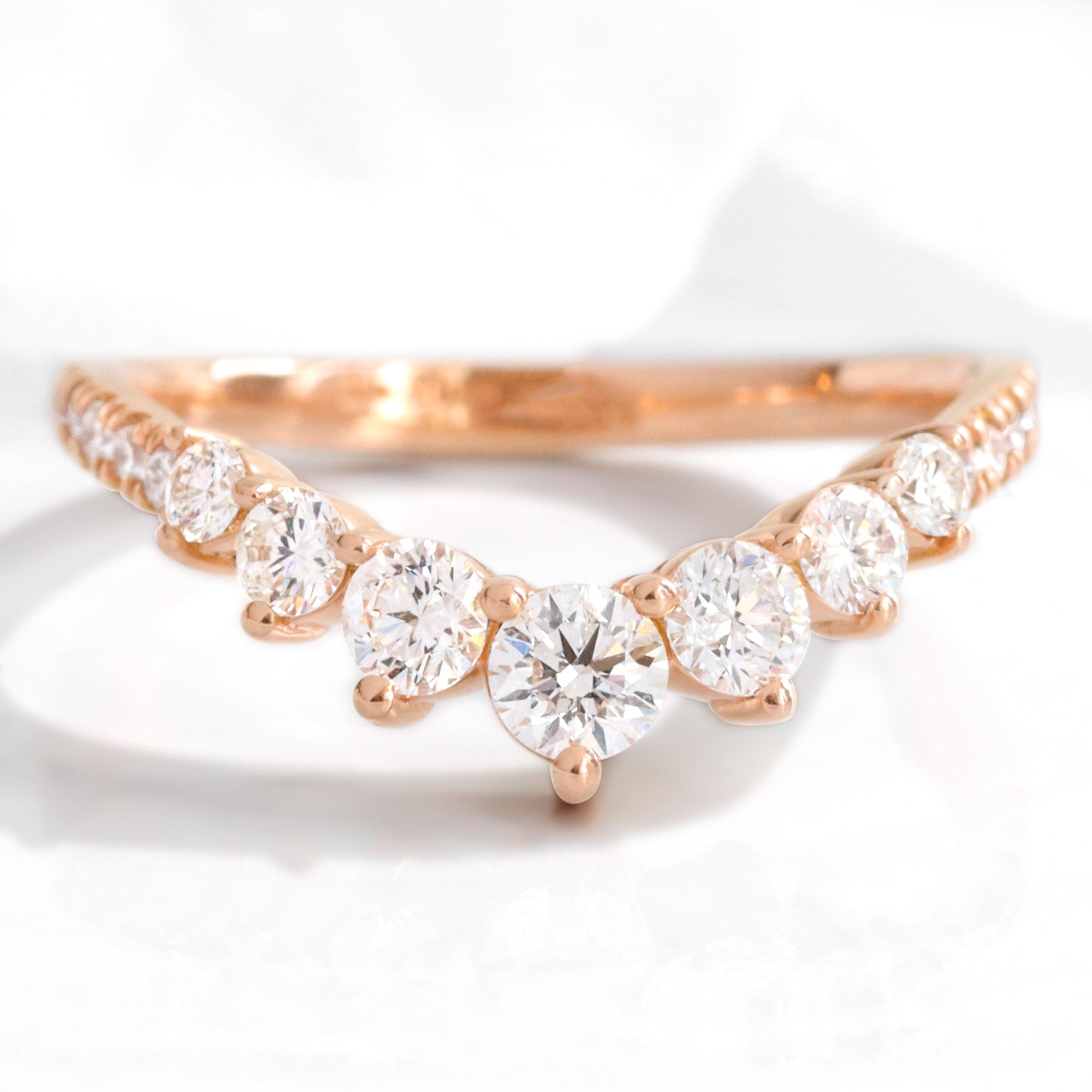 Large 7 diamond wedding ring rose gold U shaped curved pave band la more design jewelry