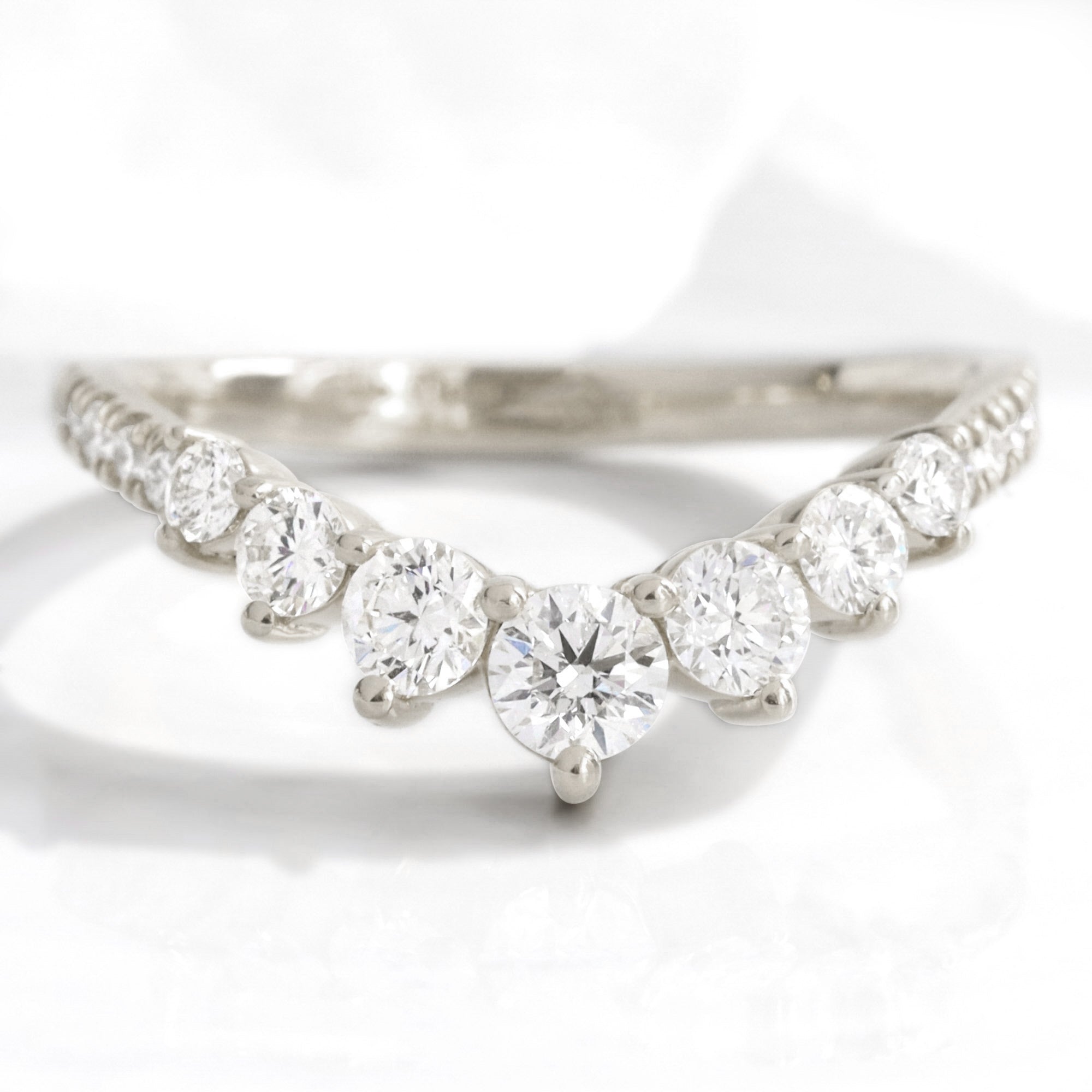 Large 7 diamond wedding ring white gold U shaped curved pave band la more design jewelry