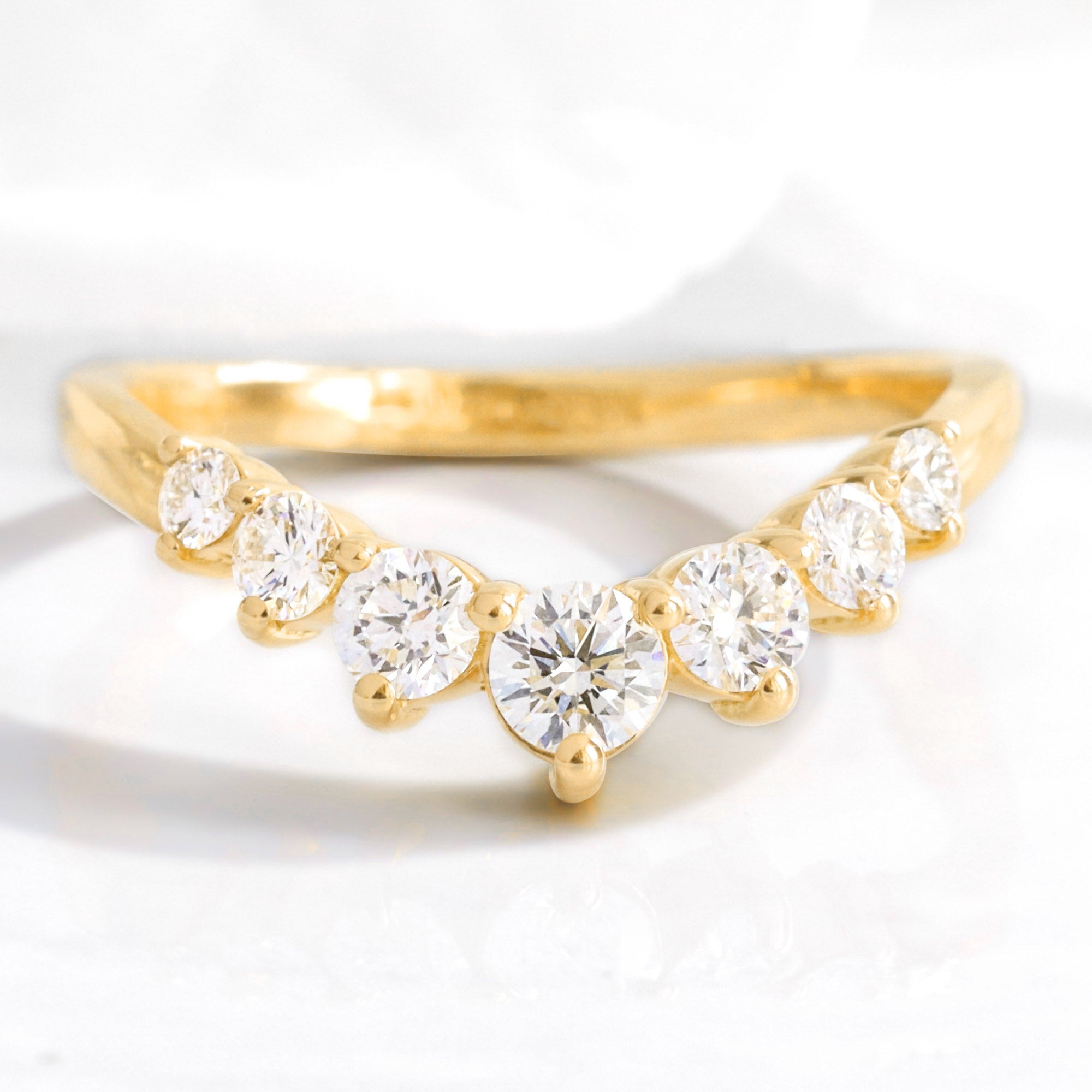 Large 7 diamond wedding ring yellow gold U shaped curved band la more design jewelry