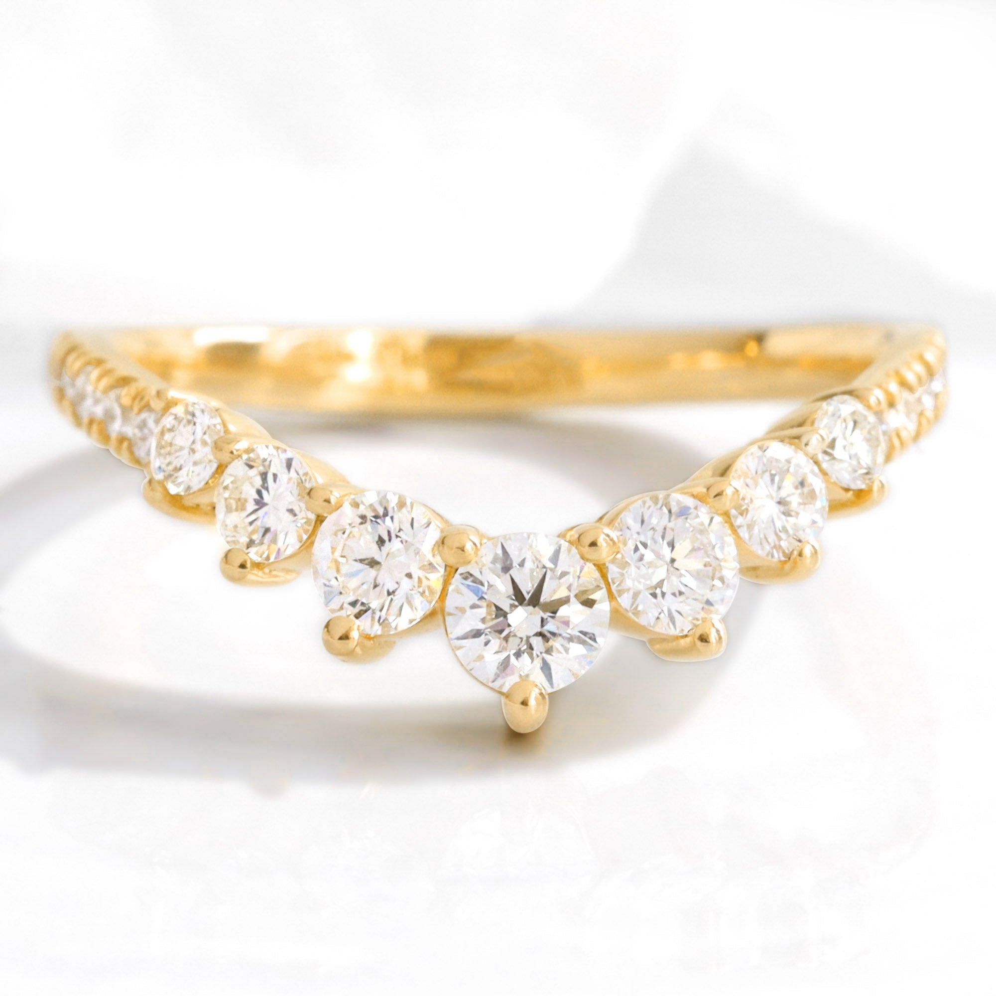 Large 7 diamond wedding ring yellow gold U shaped curved pave band la more design jewelry