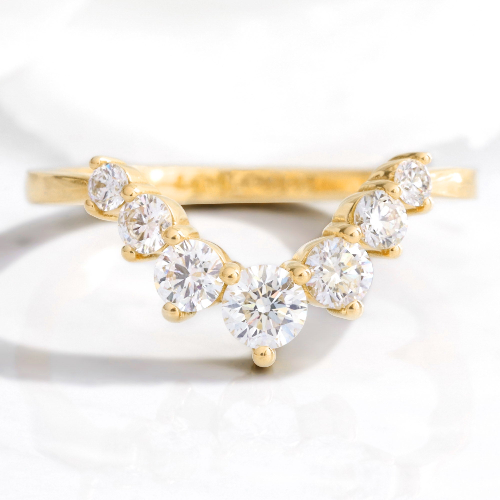 Large 7 diamond wedding ring yellow gold deep curved tapered band la more design jewelry