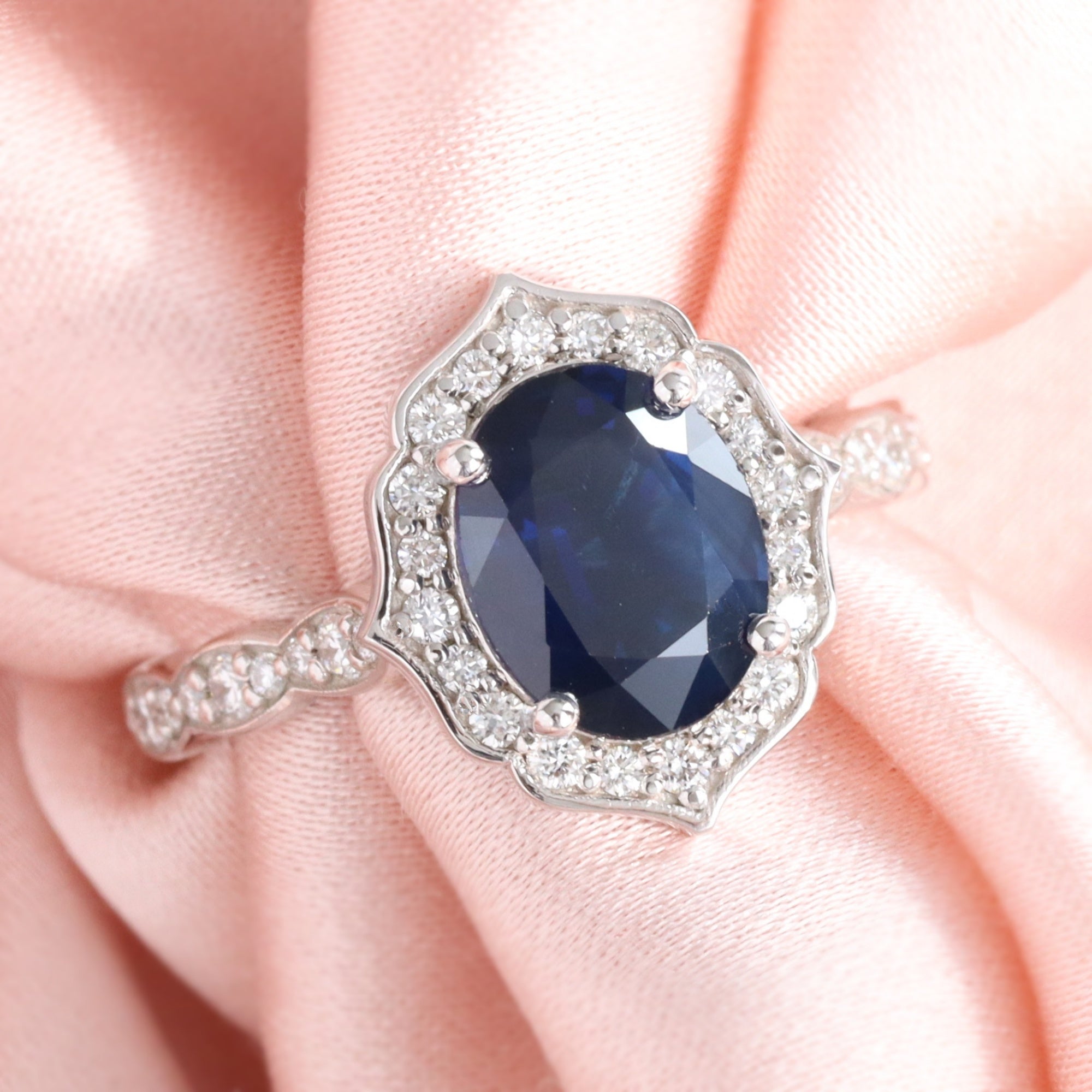 Large Australian Dark Blue Sapphire Ring White Gold Oval Halo Ring