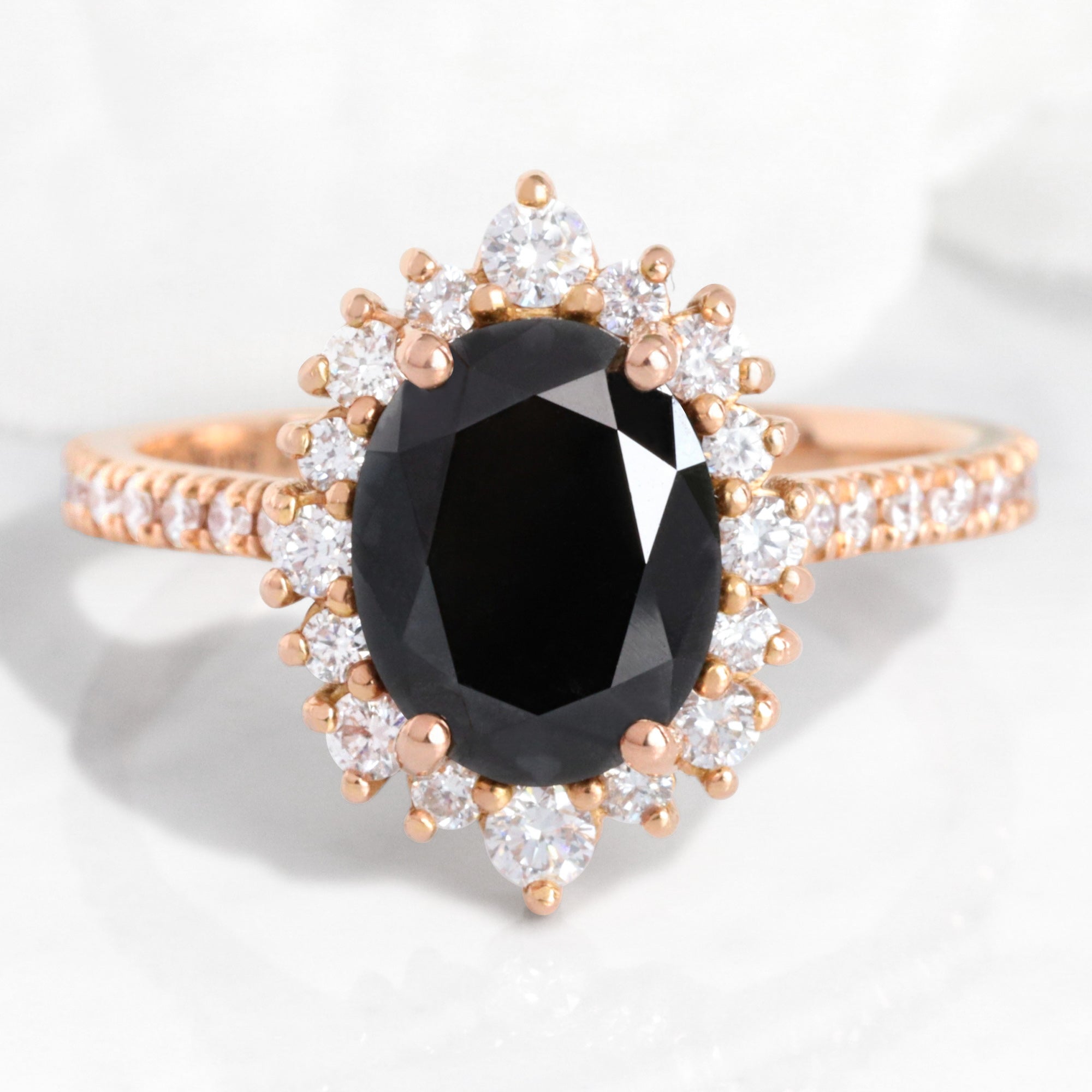 Oval Black Diamond Engagement Ring in Tiara Halo Diamond Pave Band