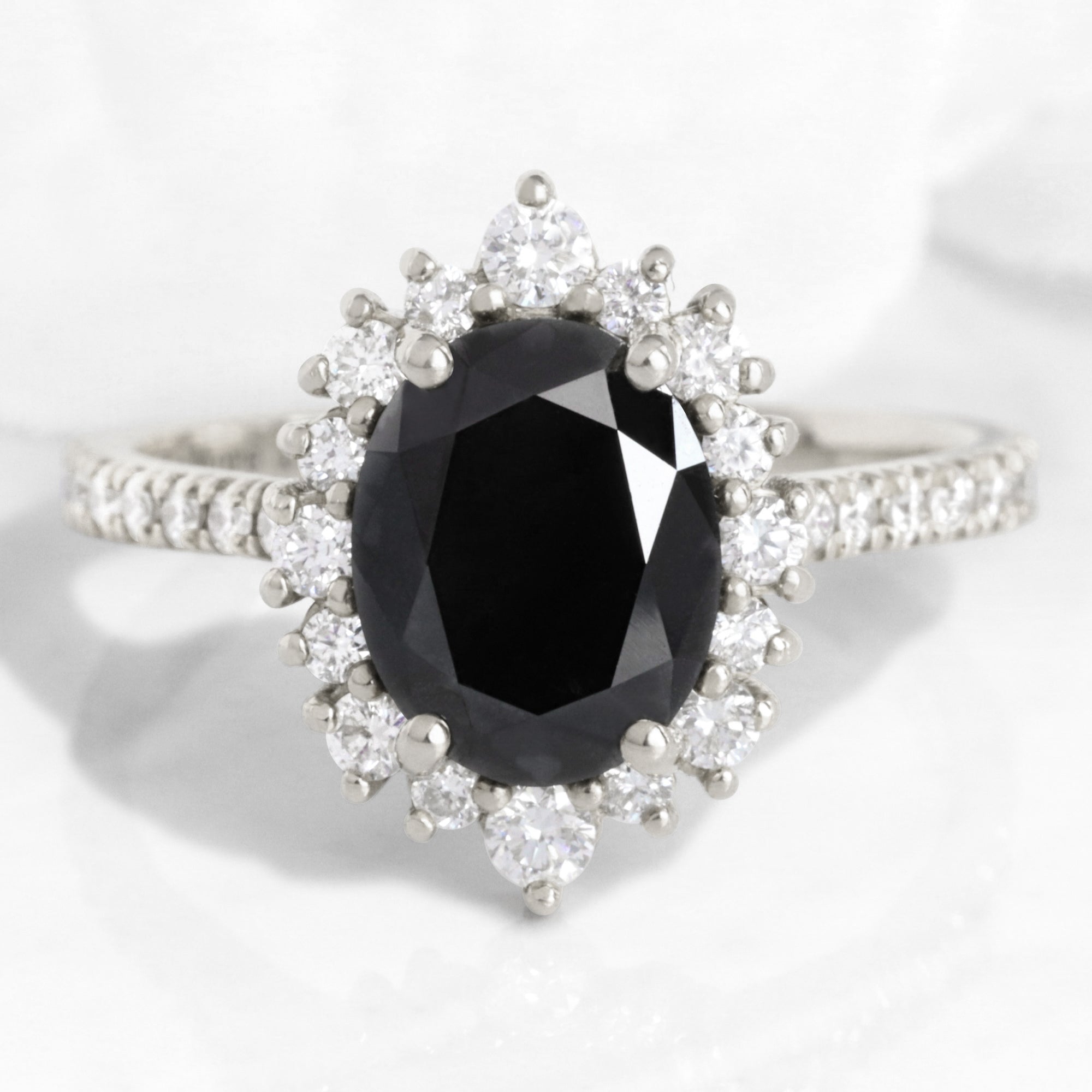 Oval Black Diamond Engagement Ring in Tiara Halo Diamond Pave Band