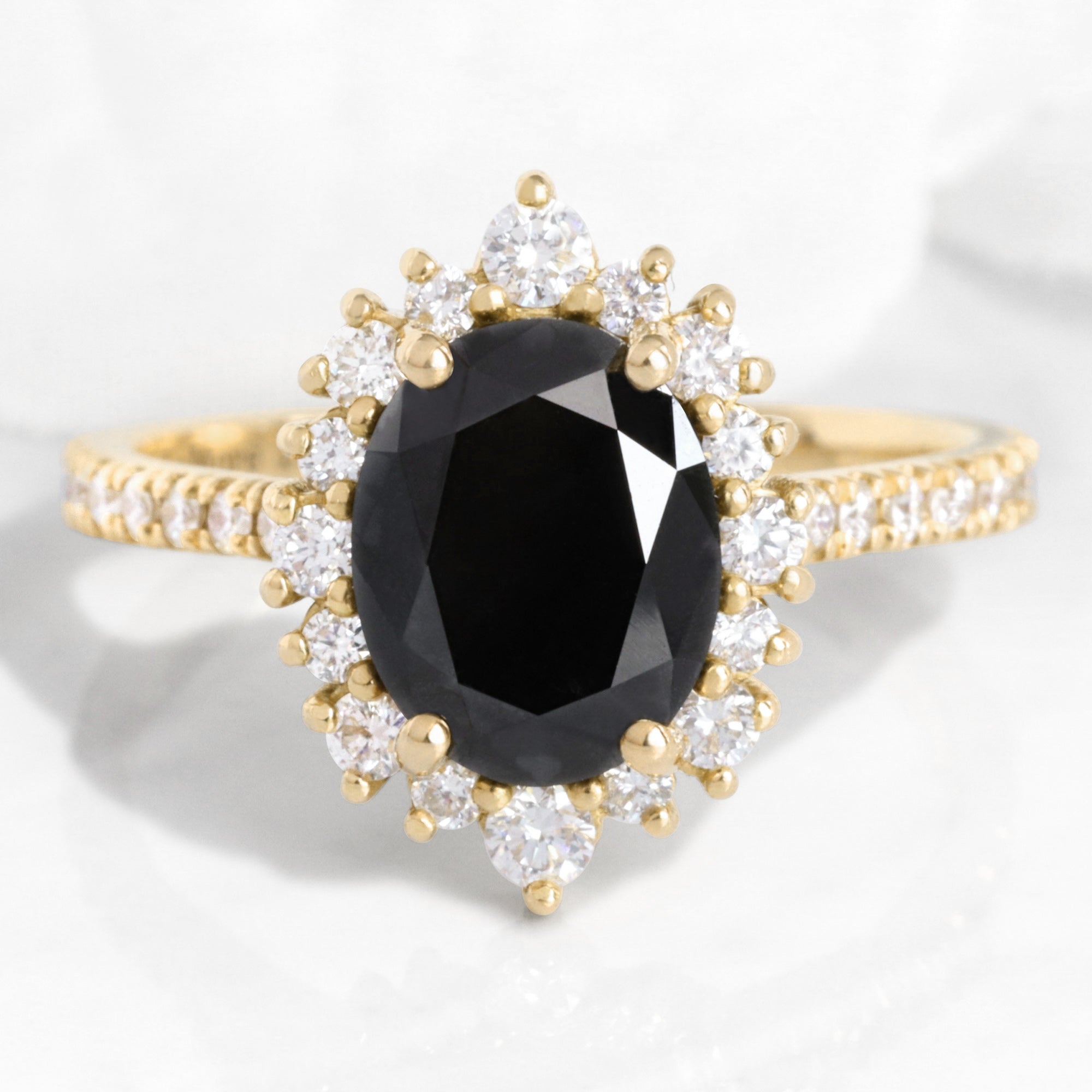 Oval Black Diamond Engagement Ring in Tiara Halo Diamond Pave Band