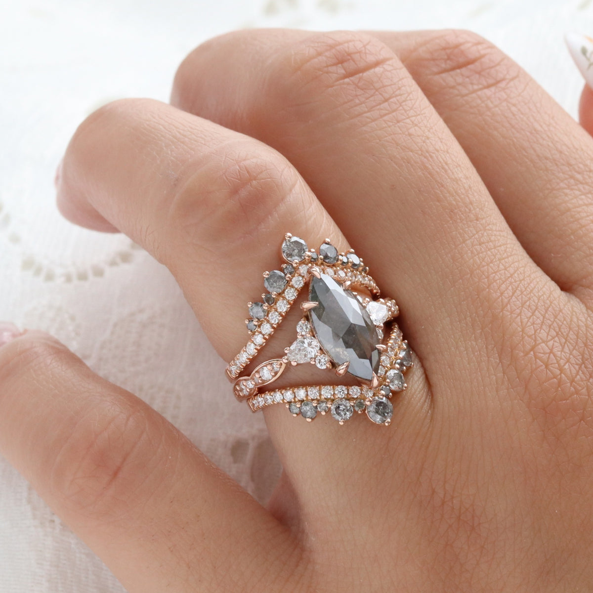 Large Marquise Salt and Pepper Diamond Ring Rose Gold Grey Diamond 3 Stone Ring la more design jewelry