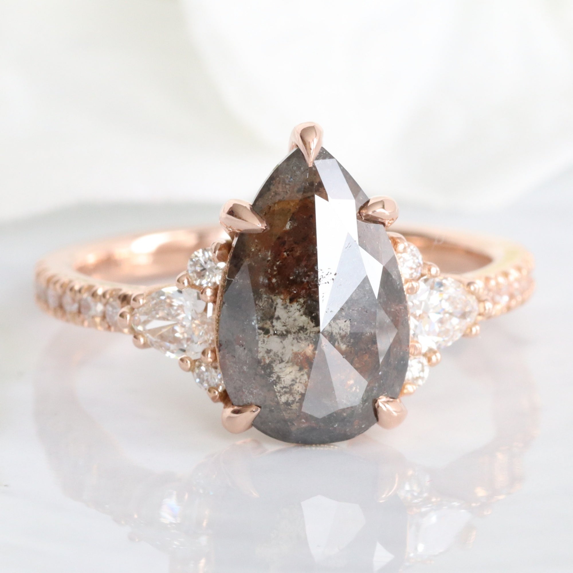 Large Pear Salt and Pepper Diamond Ring Rose Gold Grey Diamond 3 Stone Ring la more design jewelry