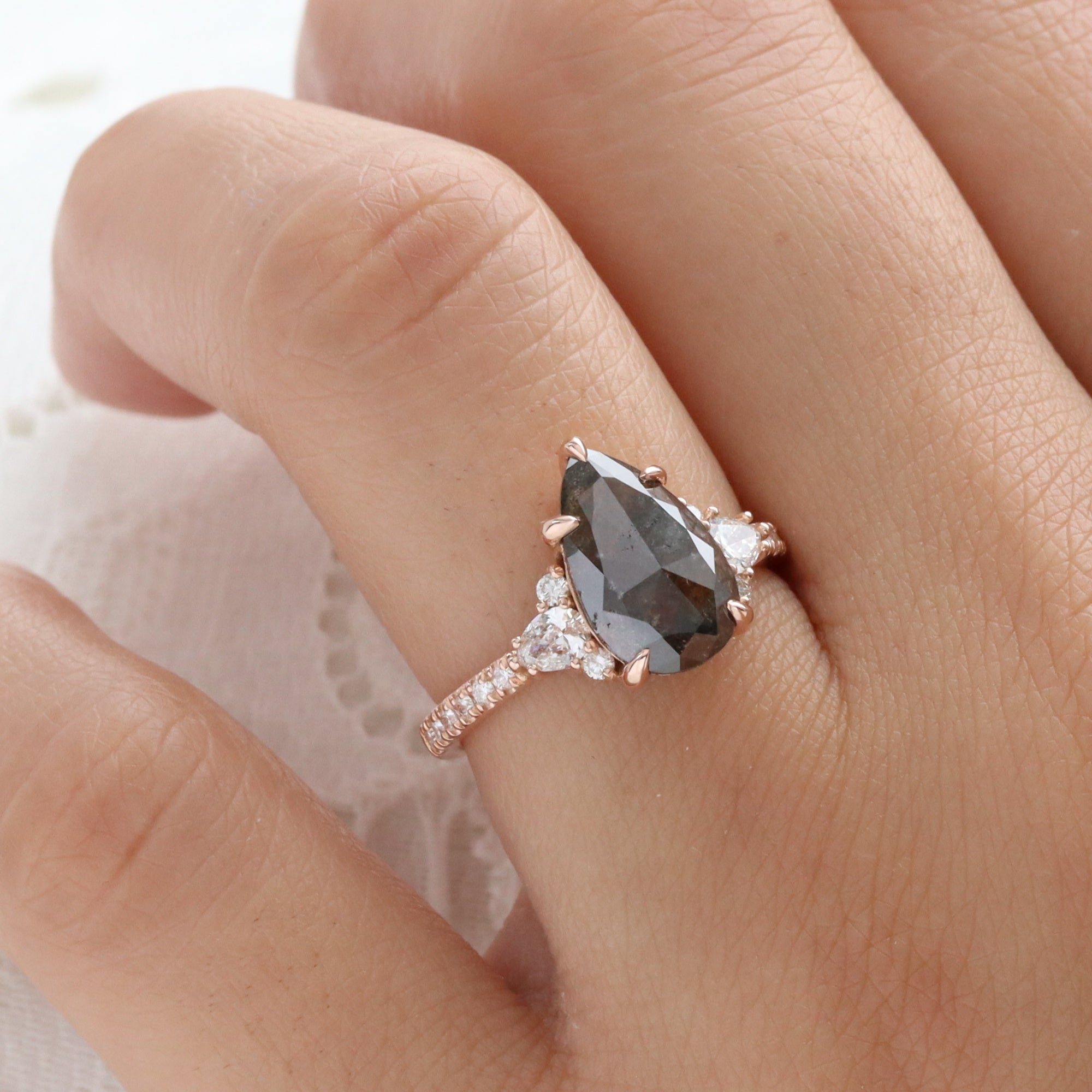 Large Pear Salt and Pepper Diamond Ring Rose Gold Grey Diamond 3 Stone Ring la more design jewelry