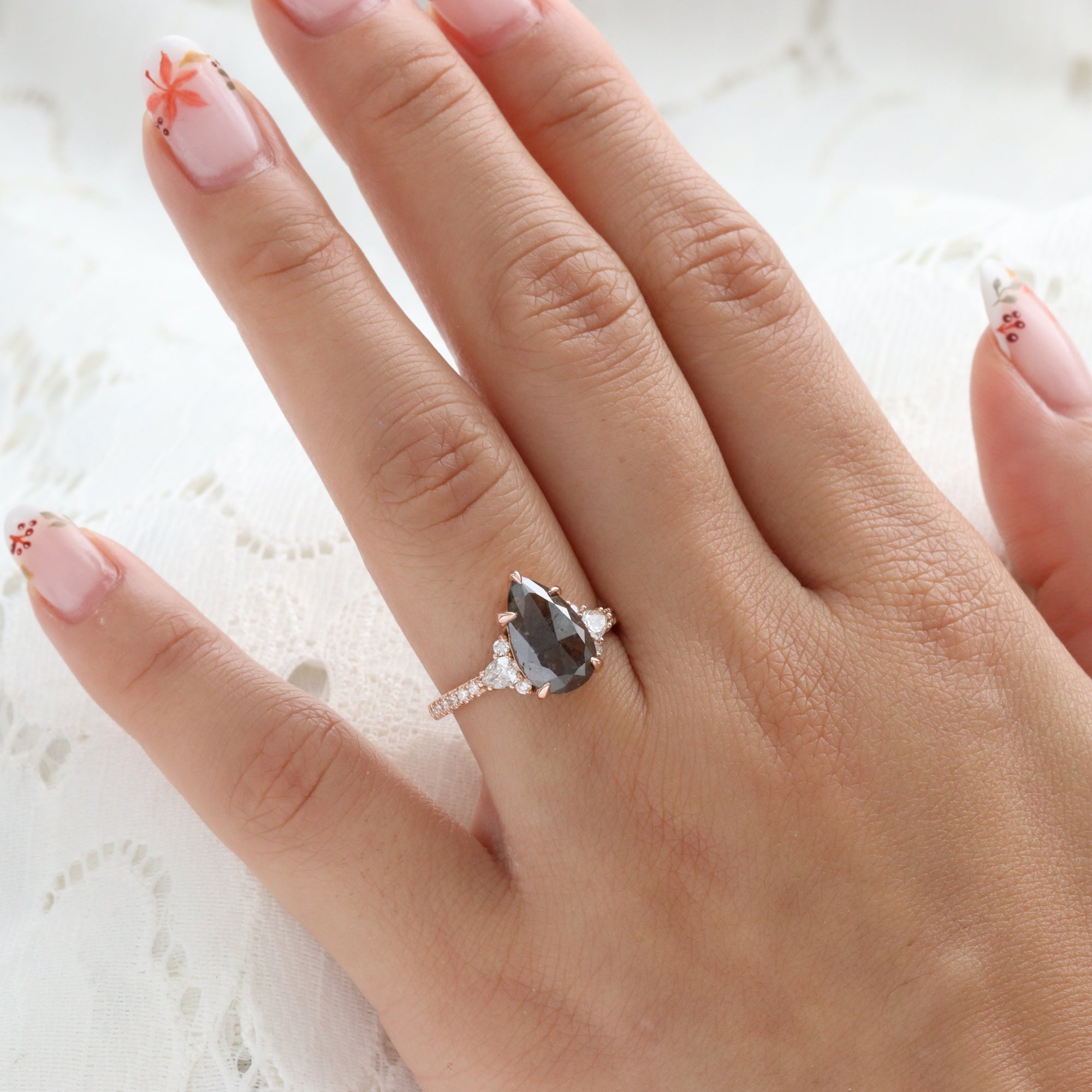 Large Pear Salt and Pepper Diamond Ring Rose Gold Grey Diamond 3 Stone Ring la more design jewelry