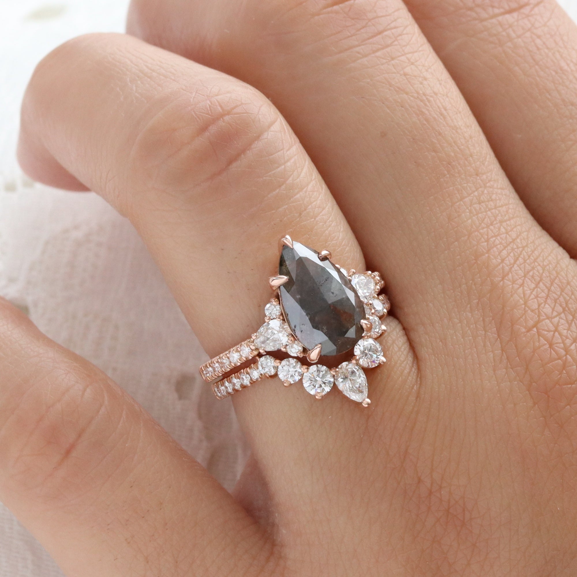 Large Pear Salt and Pepper Diamond Ring Rose Gold Grey Diamond 3 Stone Ring la more design jewelry