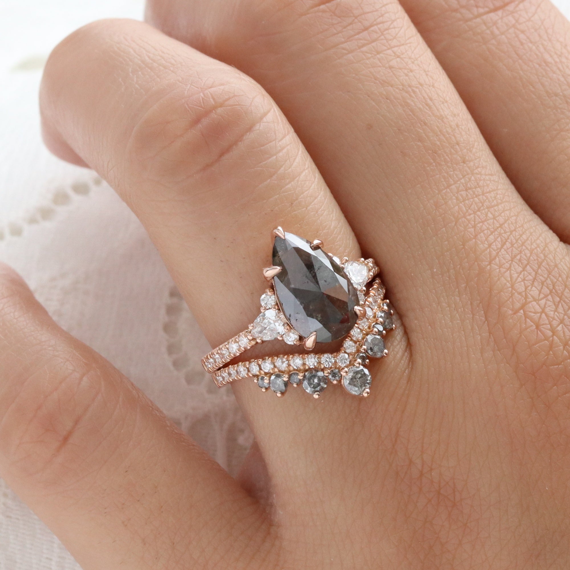 Large Pear Salt and Pepper Diamond Ring Rose Gold Grey Diamond 3 Stone Ring la more design jewelry