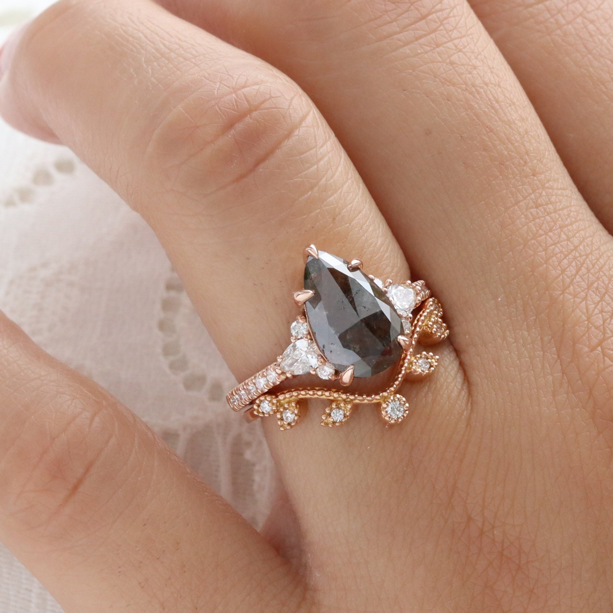 Large Pear Salt and Pepper Diamond Ring Rose Gold Grey Diamond 3 Stone Ring la more design jewelry