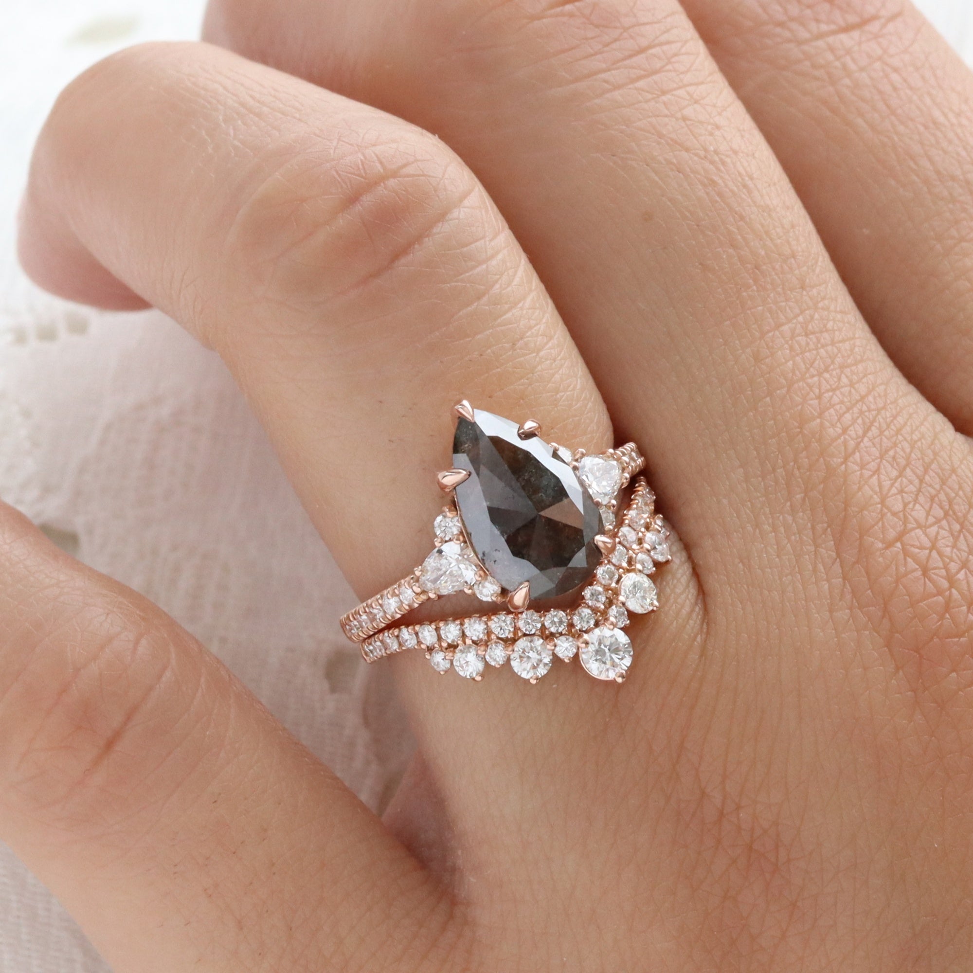 Large Pear Salt and Pepper Diamond Ring Rose Gold Grey Diamond 3 Stone Ring la more design jewelry