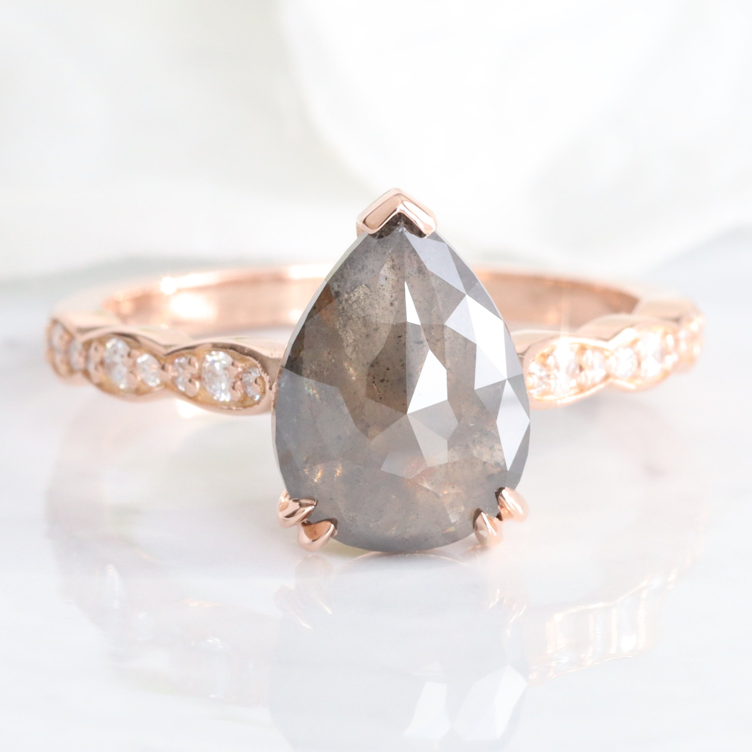 Large Salt and Pepper Diamond Ring Rose Gold Pear Grey Diamond Solitaire Ring la more design jewelry