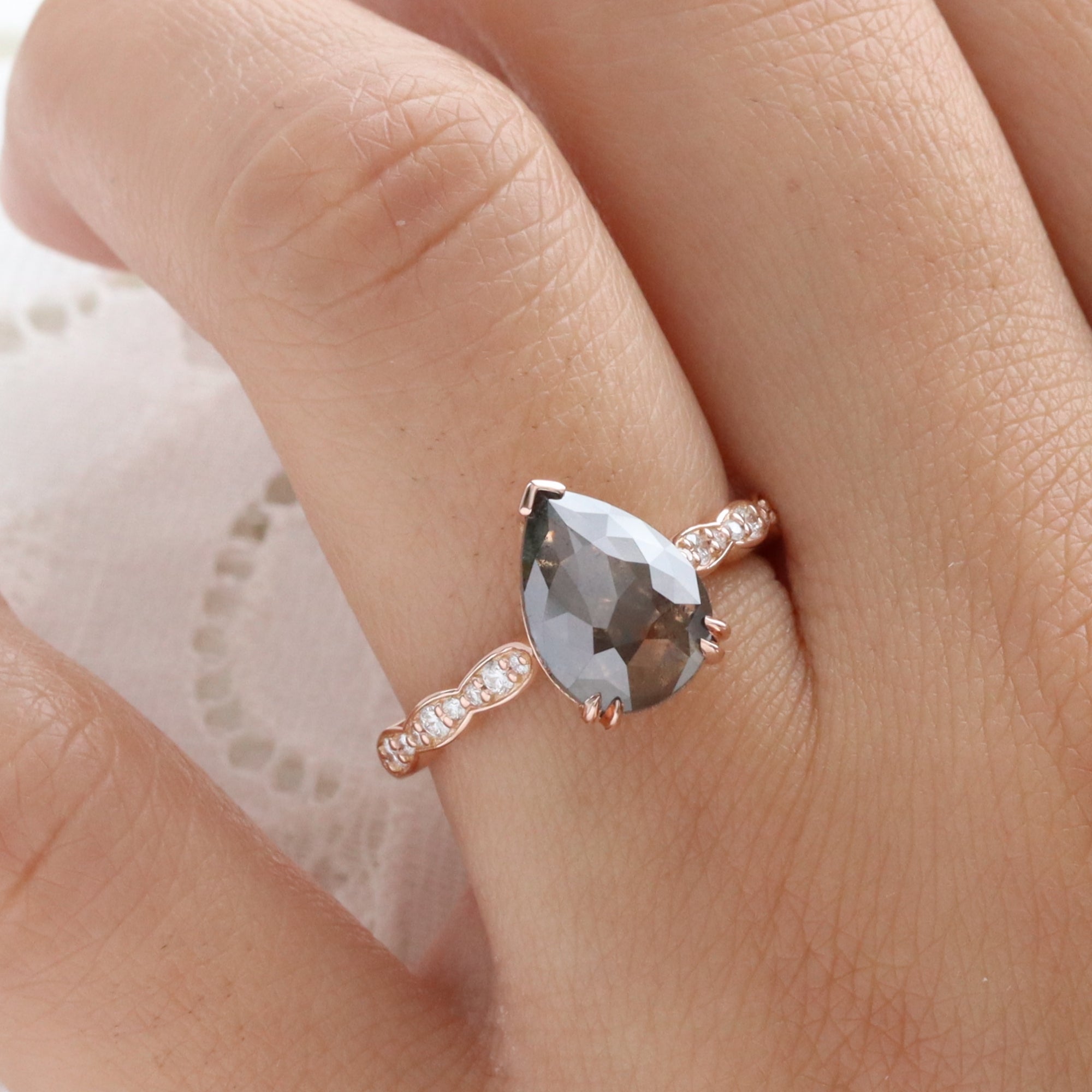 Large Salt and Pepper Diamond Ring Rose Gold Pear Grey Diamond Solitaire Ring la more design jewelry