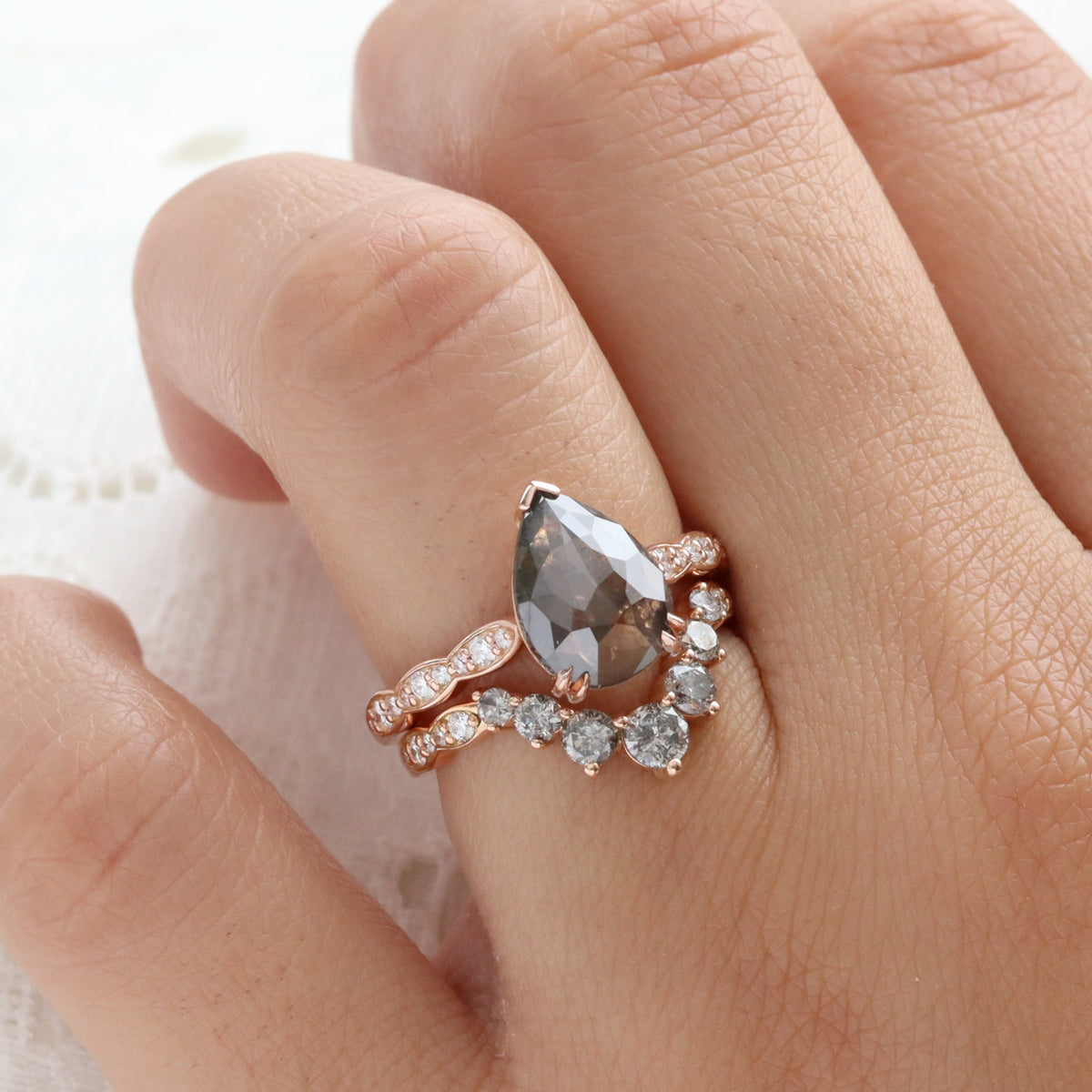 Large Salt and Pepper Diamond Ring Rose Gold Pear Grey Diamond Solitaire Ring la more design jewelry