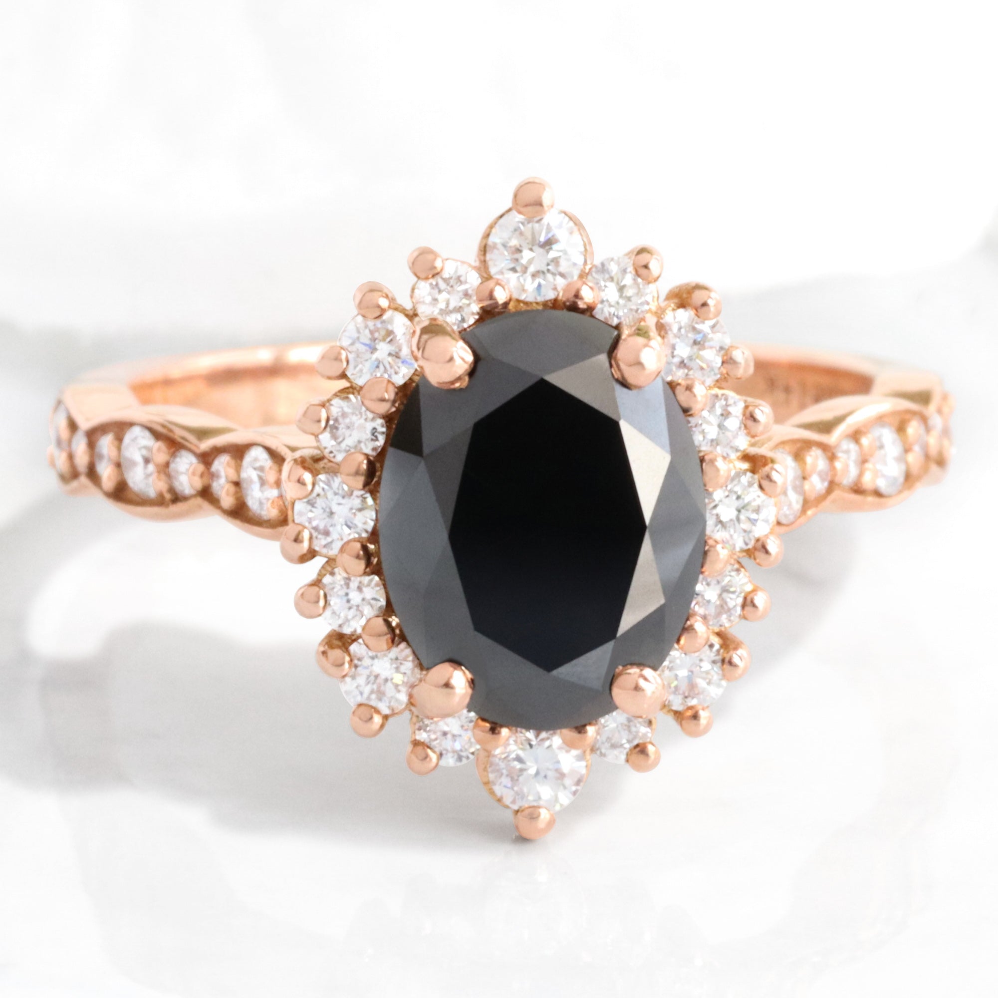 Large oval black diamond engagement ring rose gold halo diamond ring cluster la more design jewelry