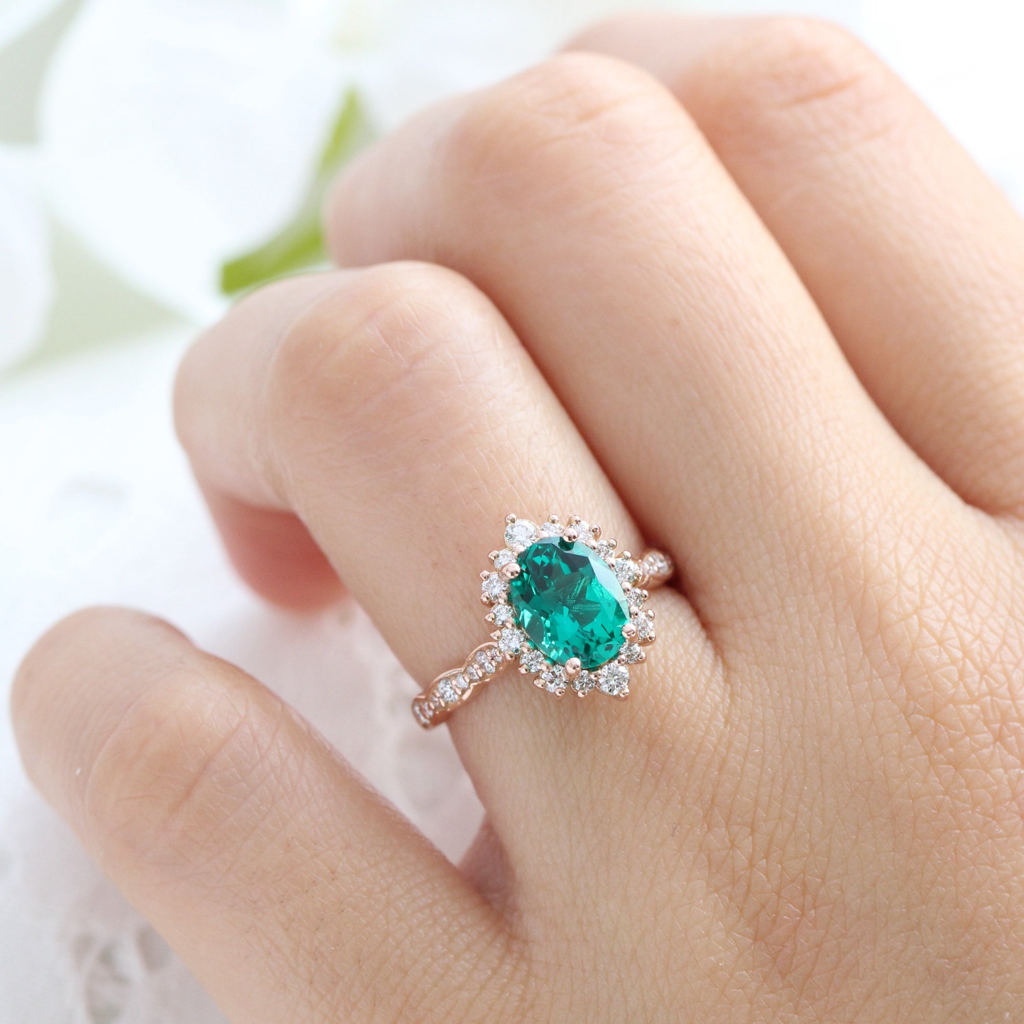 Large oval emerald engagement ring rose gold halo diamond emerald ring green cluster ring la more design jewelry