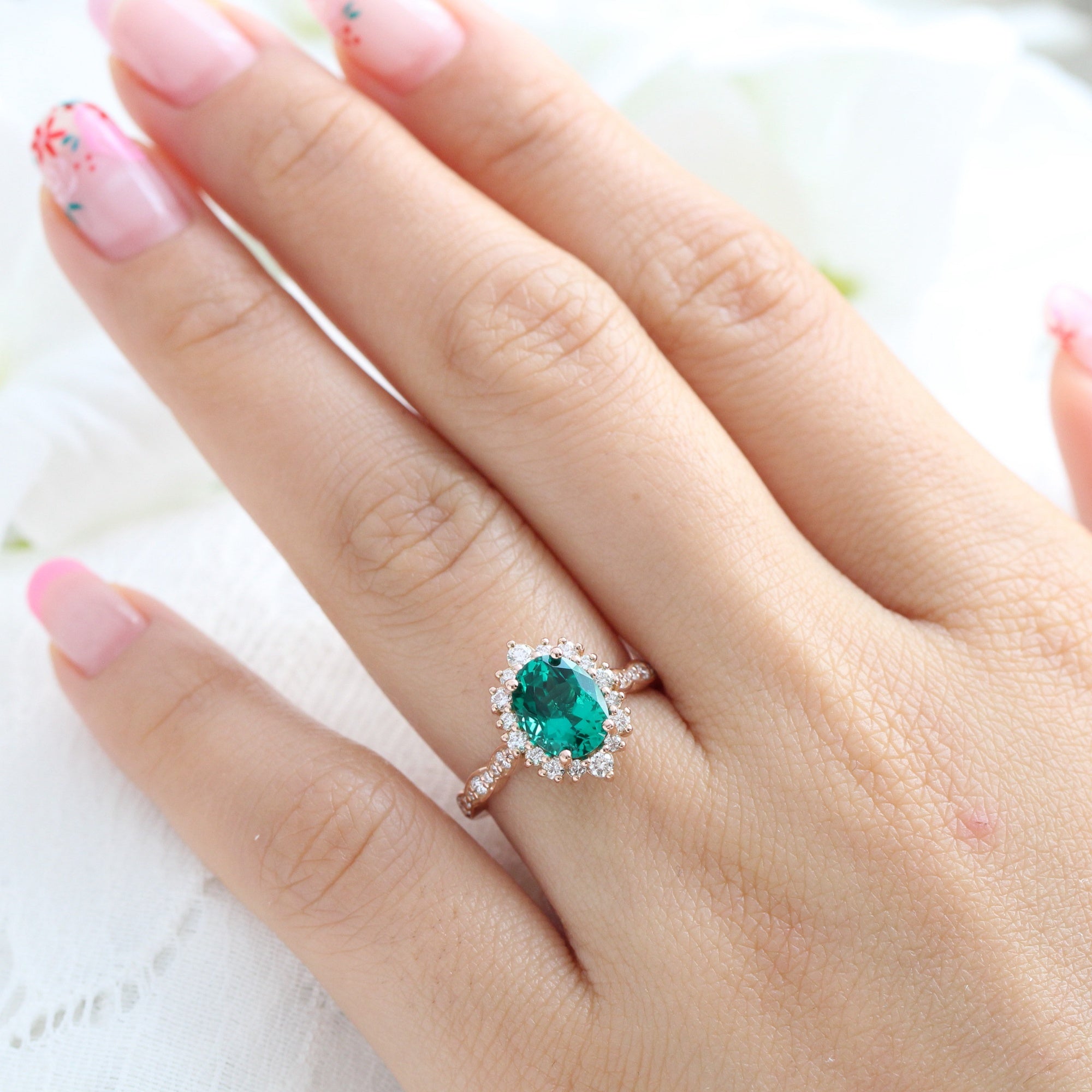 Large oval emerald engagement ring rose gold halo diamond emerald ring green cluster ring la more design jewelry