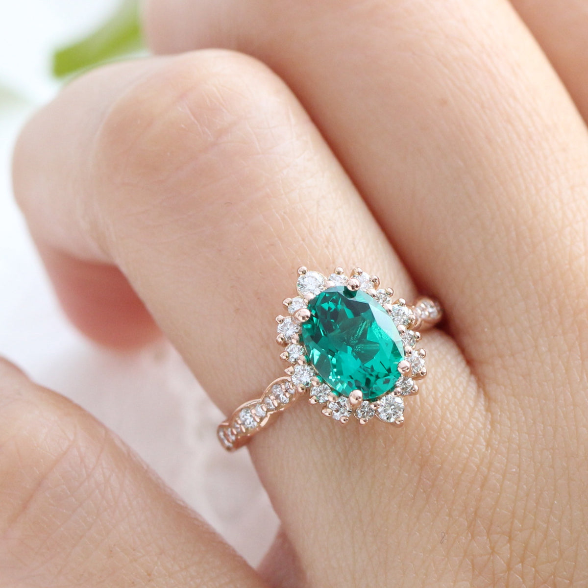 Large oval emerald engagement ring rose gold halo diamond emerald ring green cluster ring la more design jewelry