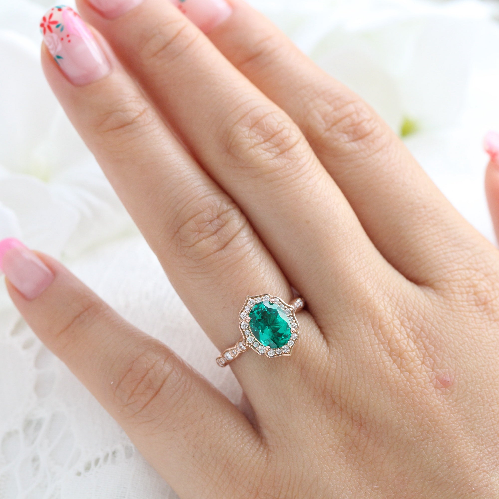 Large oval emerald engagement ring rose gold vintage halo diamond emerald ring la more design jewelry
