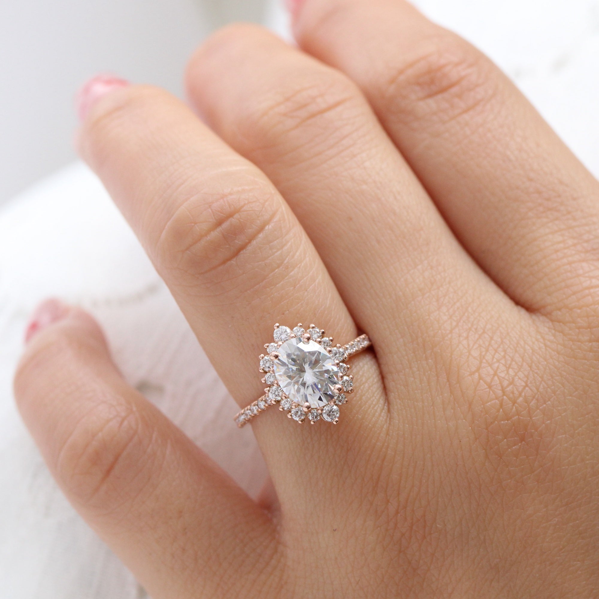 large oval moissanite engagement ring pave band gold halo diamond moissanite ring la more design jewelry