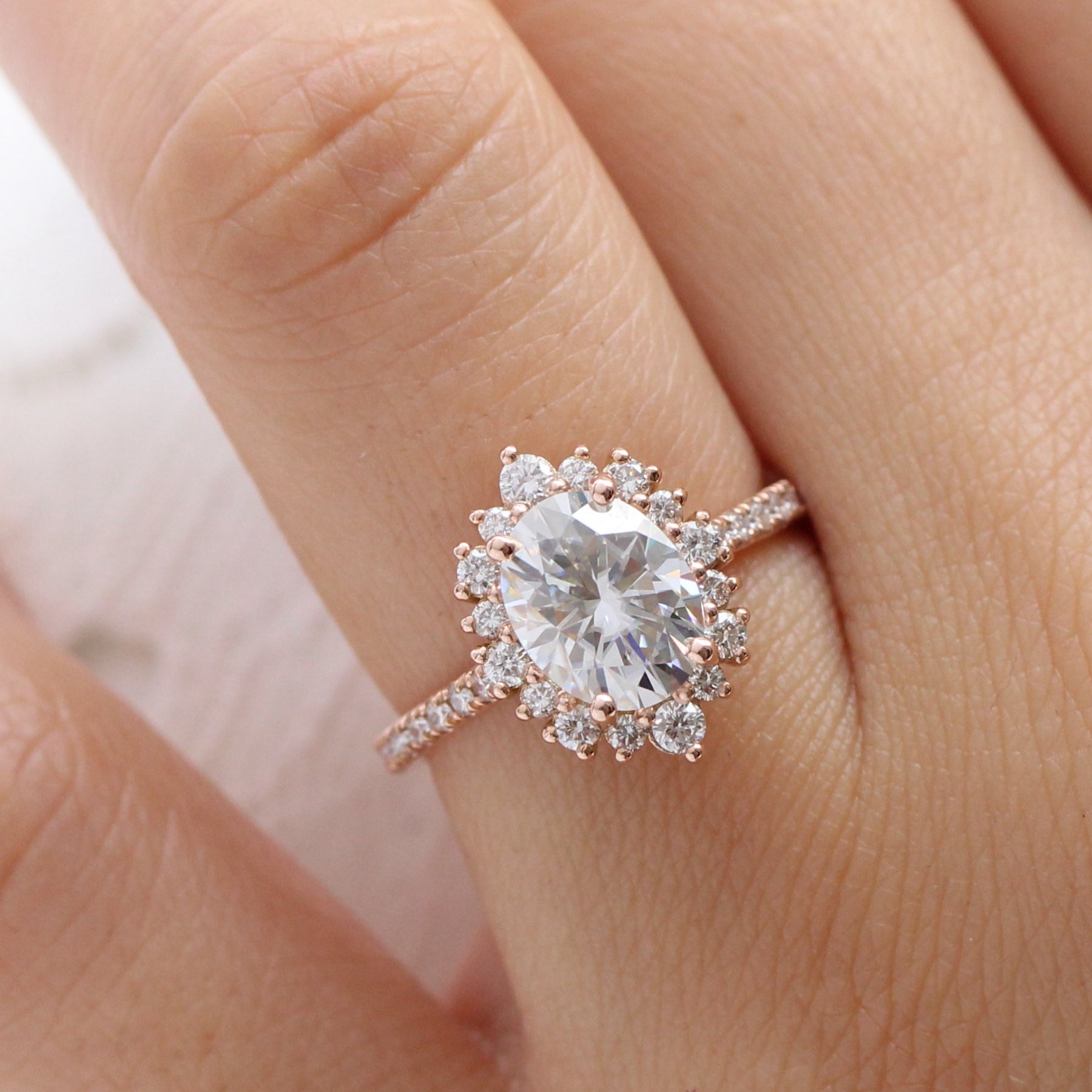 large oval moissanite engagement ring pave band gold halo diamond moissanite ring la more design jewelry