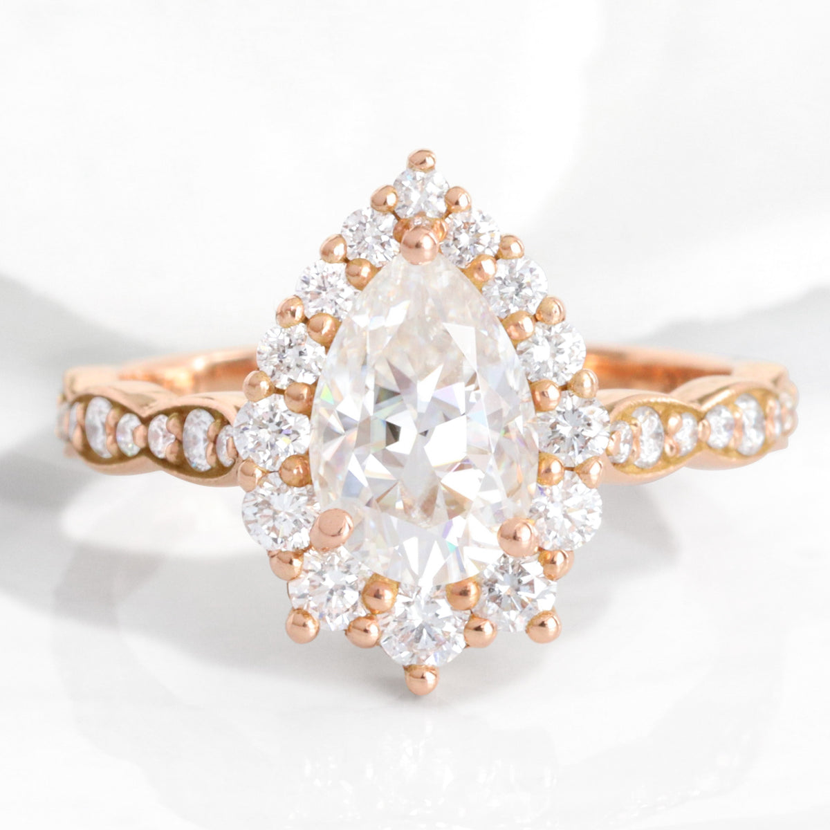 Large pear moissanite engagement ring rose gold halo diamond moissanite ring cluster ring la more design jewelry