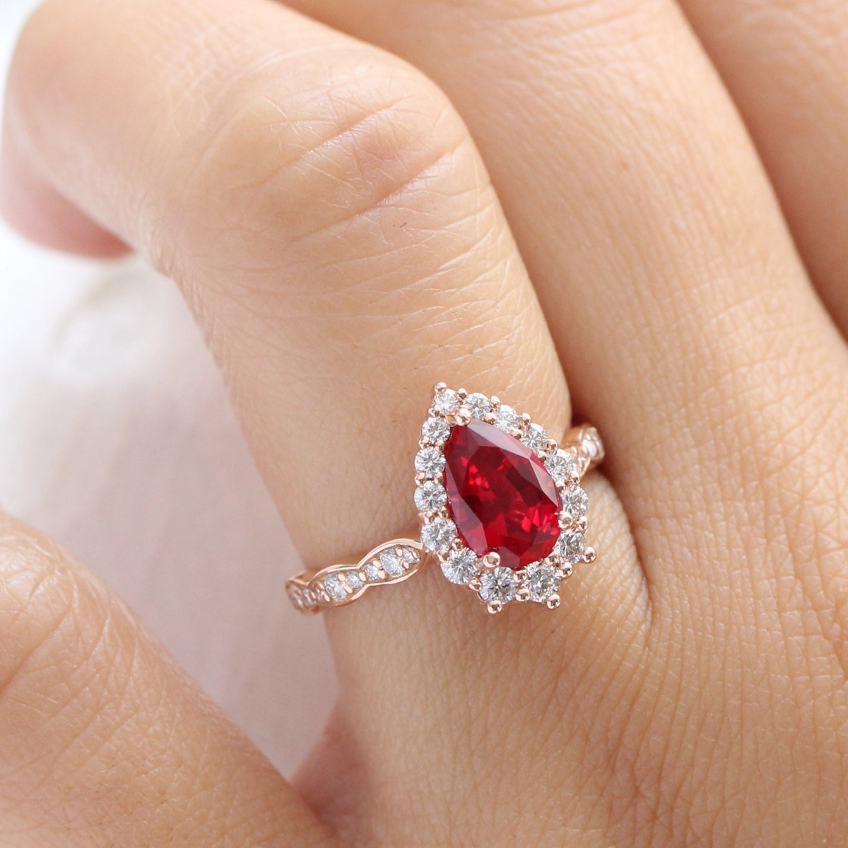 Large pear ruby engagement ring rose gold halo diamond ruby ring la more design jewelry