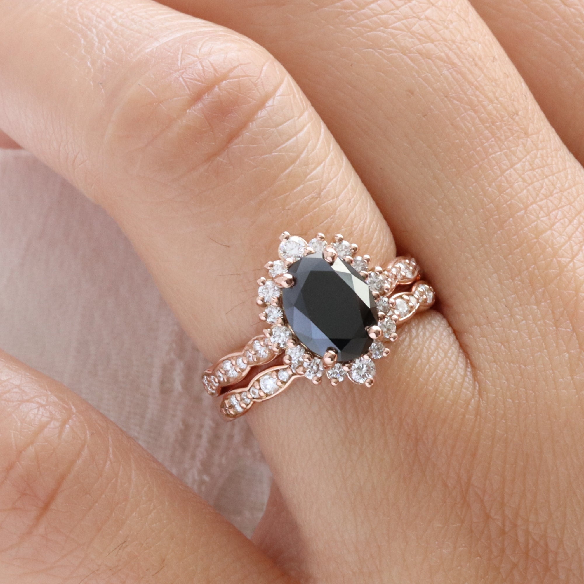 oval black diamond ring bridal set rose gold halo diamond wedding ring stack la more design jewelry