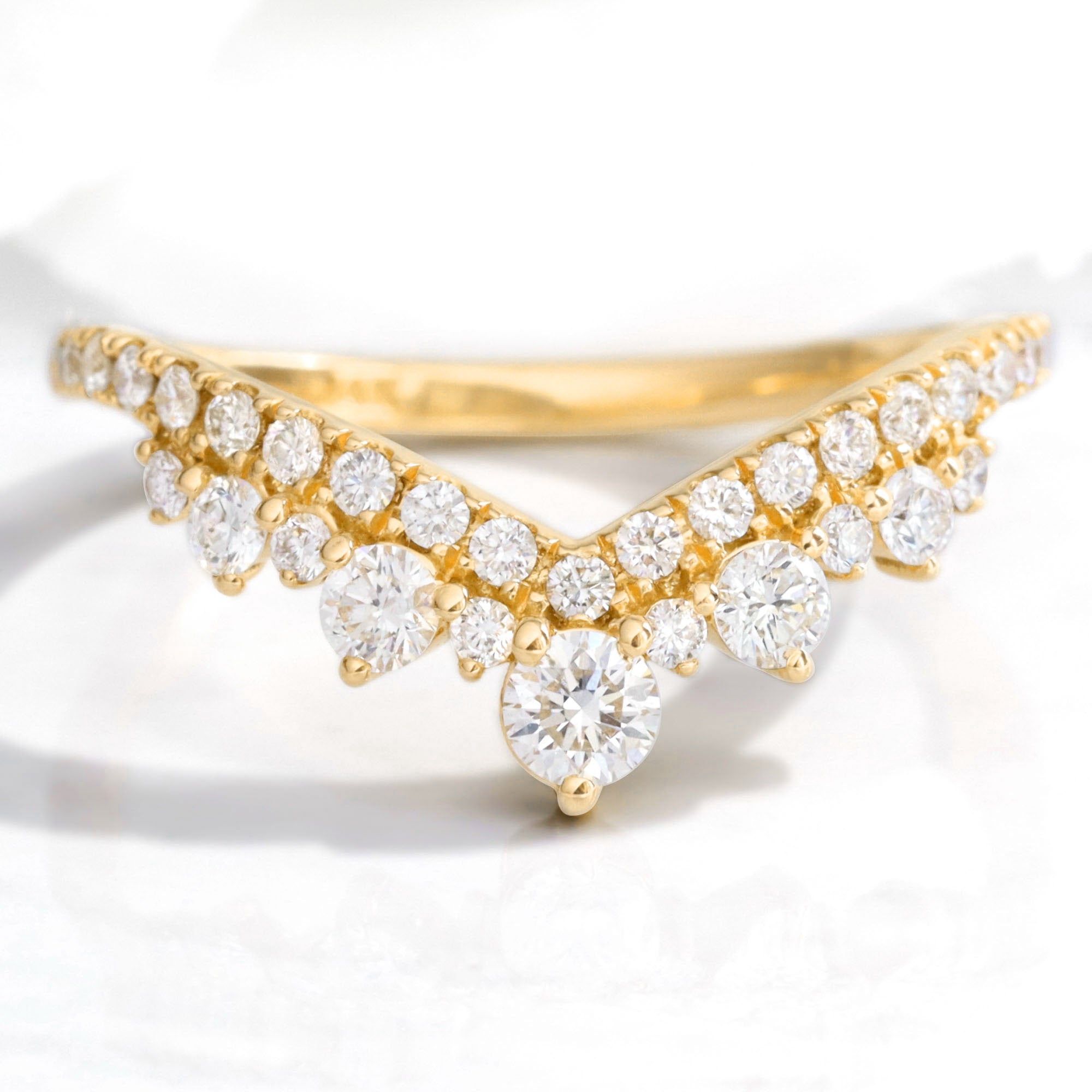 Large diamond wedding ring yellow gold curved pave diamond band by la more design jewelry