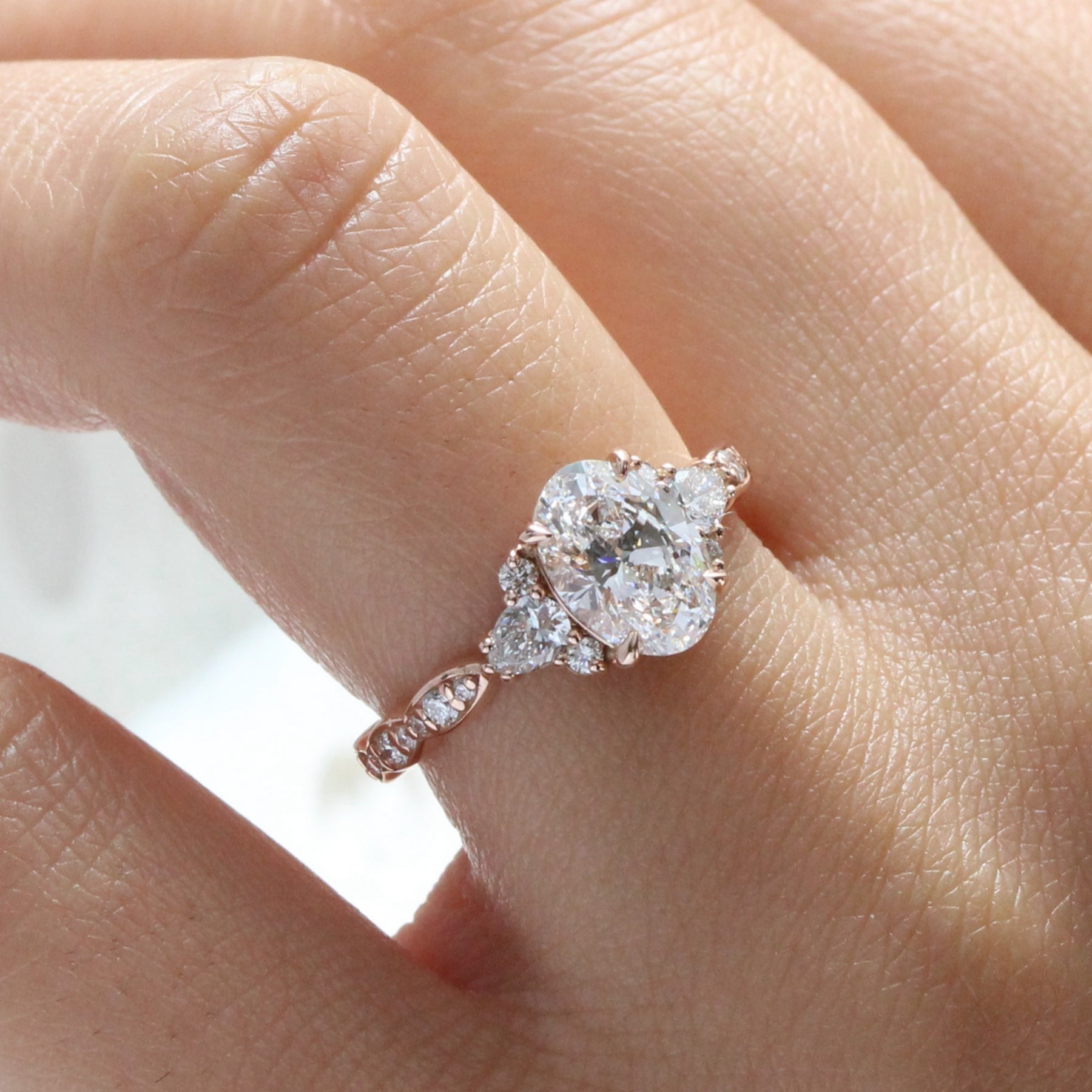 Large lab grown diamond 3 stone engagement ring rose gold cluster oval diamond ring la more design jewelry