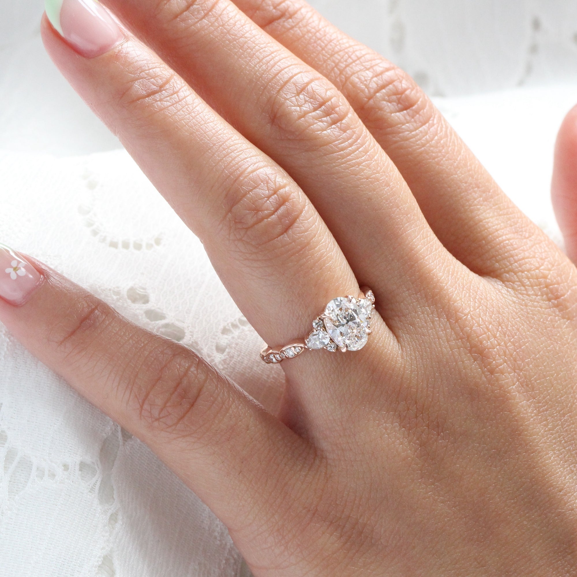 Large lab grown diamond 3 stone engagement ring rose gold cluster oval diamond ring la more design jewelry