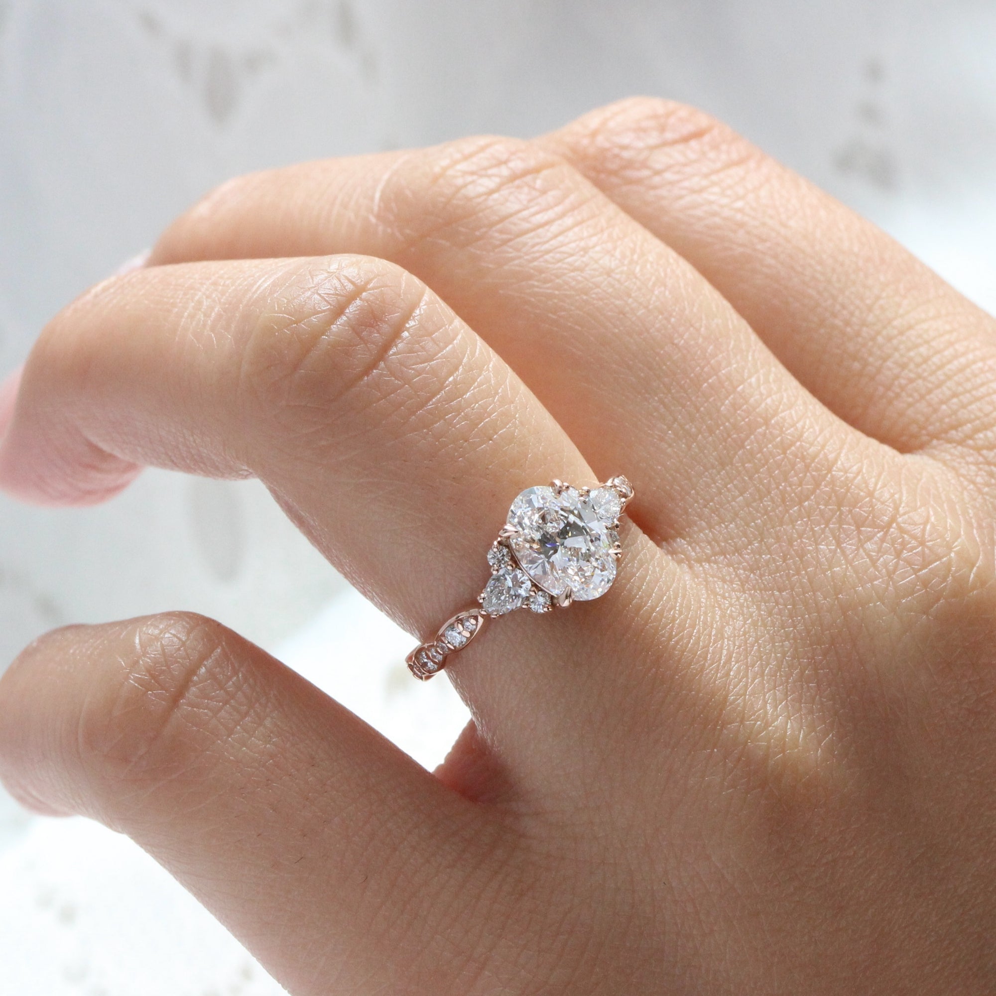 Large lab grown diamond 3 stone engagement ring rose gold cluster oval diamond ring la more design jewelry