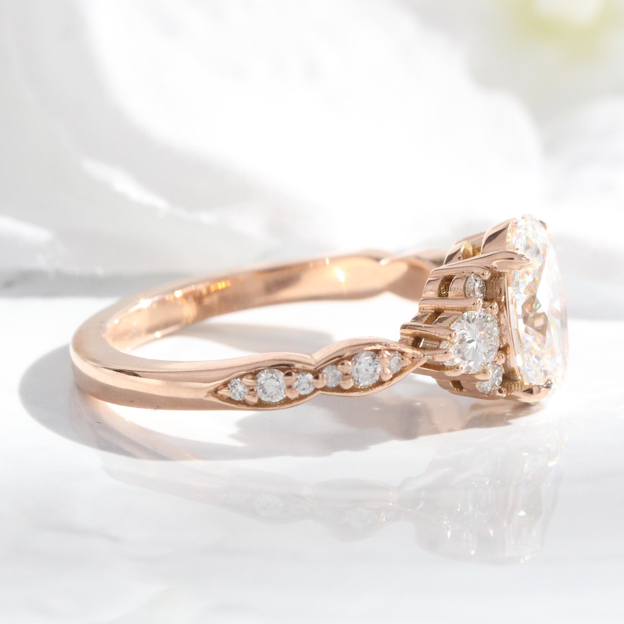 Large lab grown diamond 3 stone engagement ring rose gold cluster oval diamond ring la more design jewelry