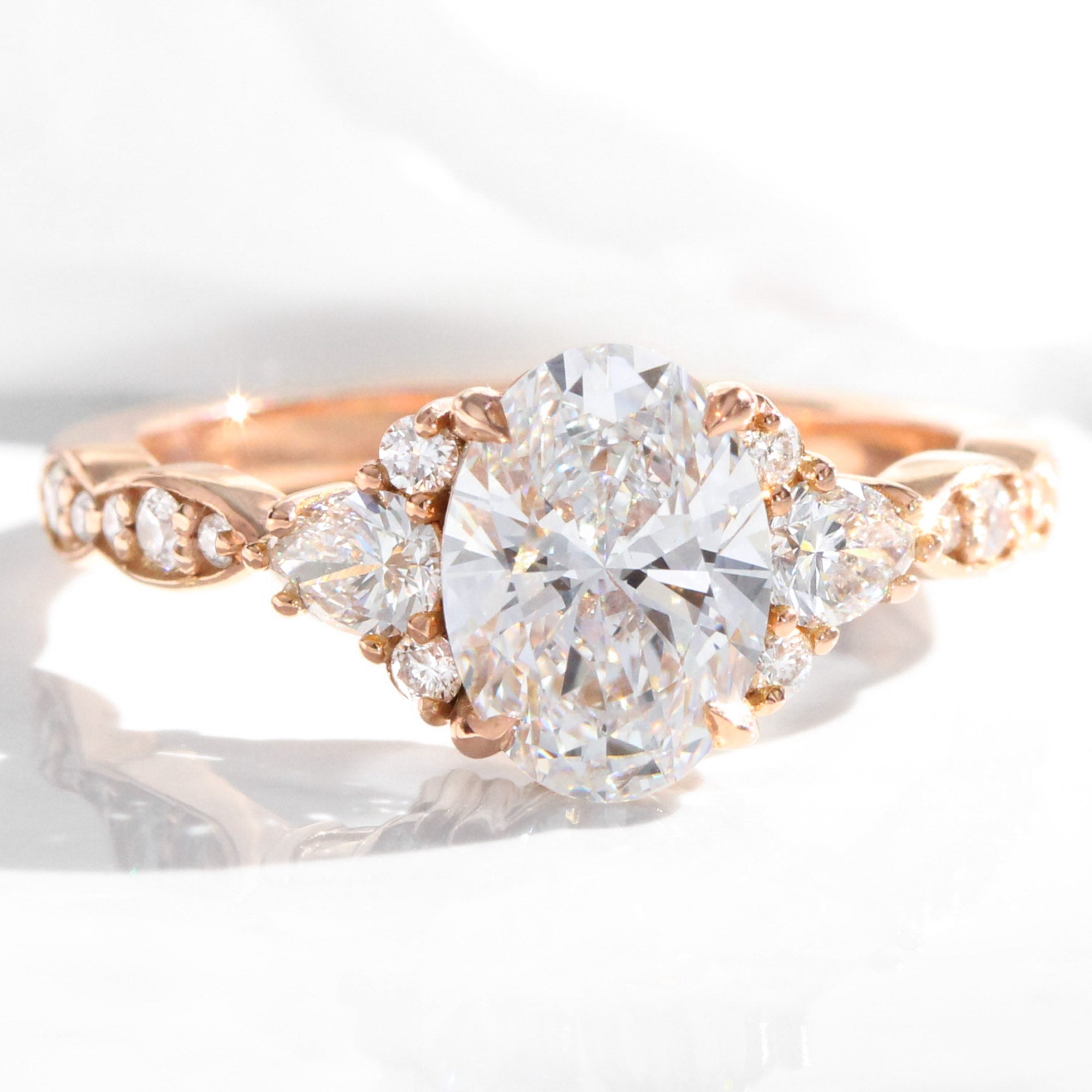 3 Stone Lab Diamond Ring Bridal Set Rose Gold Oval Diamond Ring Stack ...