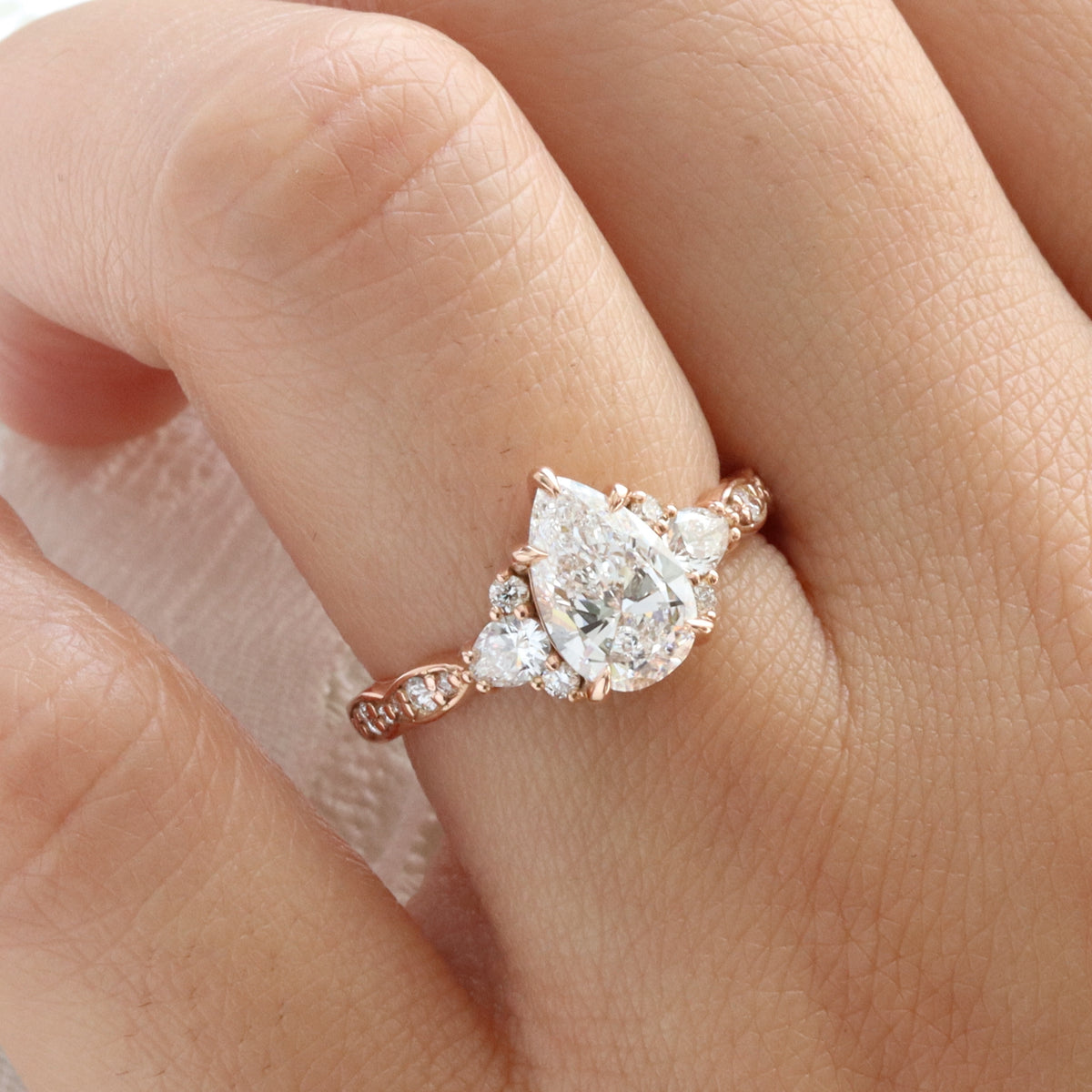 Large lab grown diamond 3 stone engagement ring rose gold cluster pear diamond ring la more design jewelry