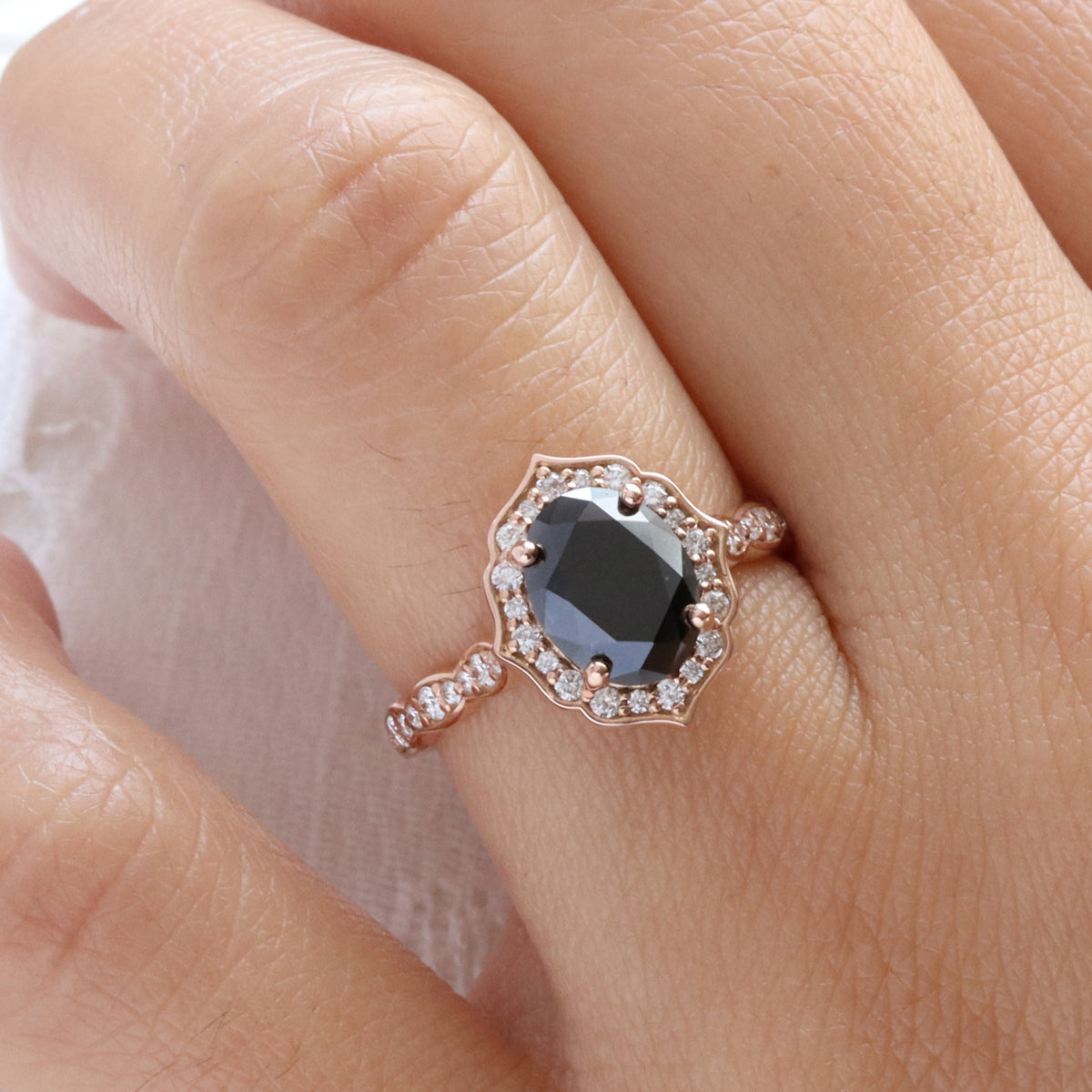 Large oval black diamond engagement ring rose gold vintage halo black diamond ring la more design jewelry