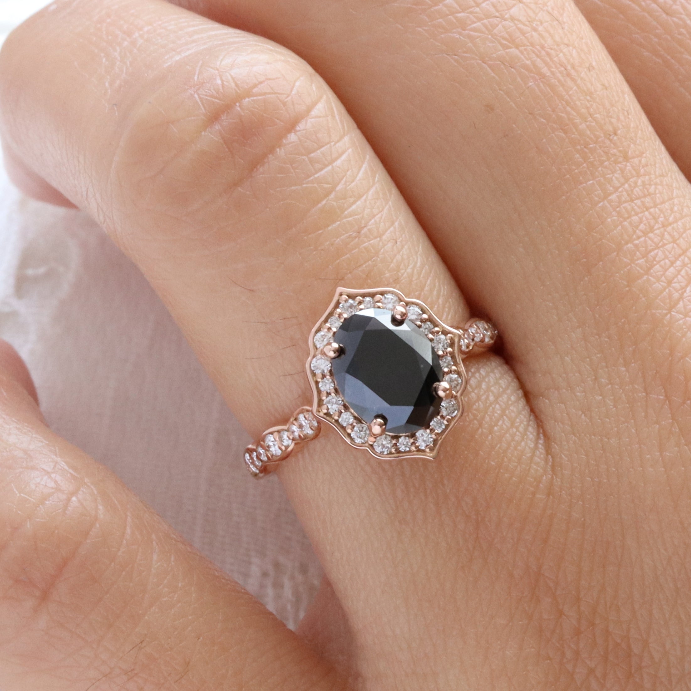 Large oval black diamond engagement ring rose gold vintage halo black diamond ring la more design jewelry