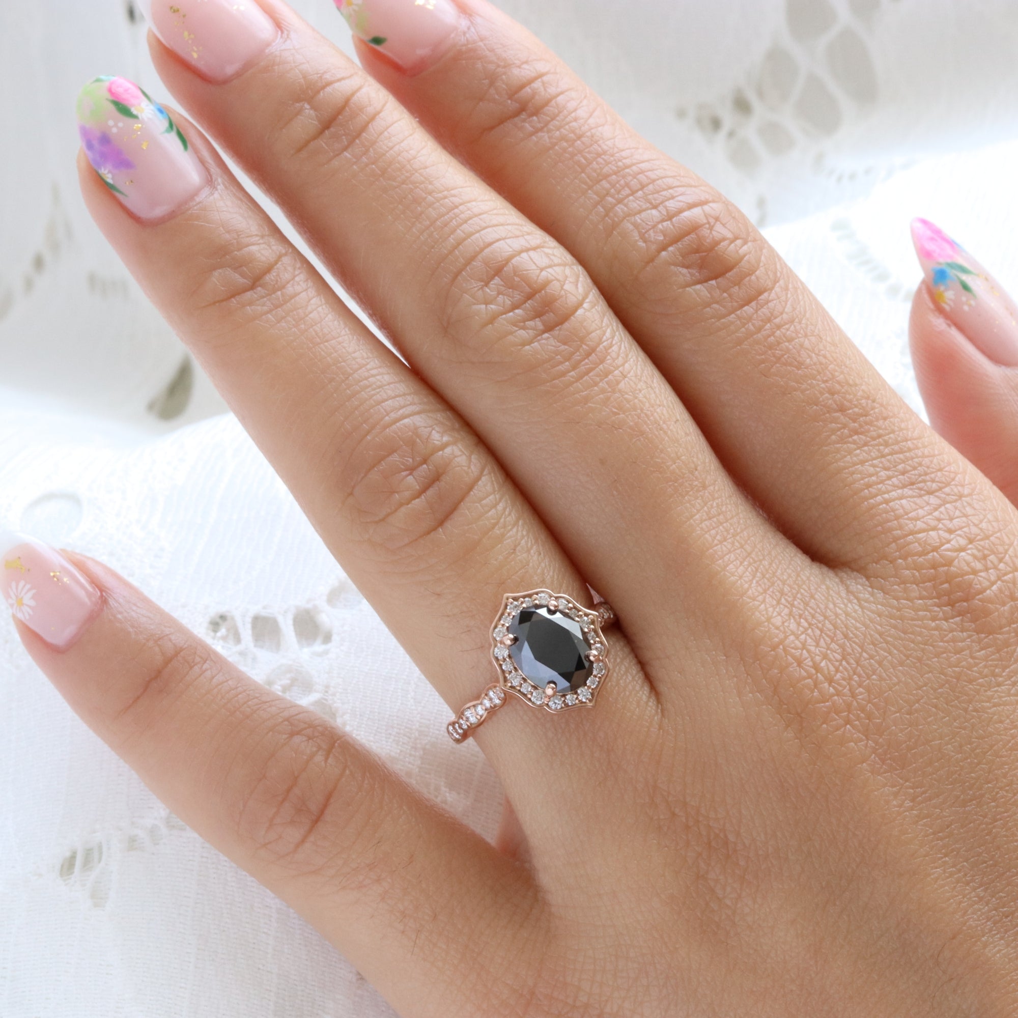 Large oval black diamond engagement ring rose gold vintage halo black diamond ring la more design jewelry