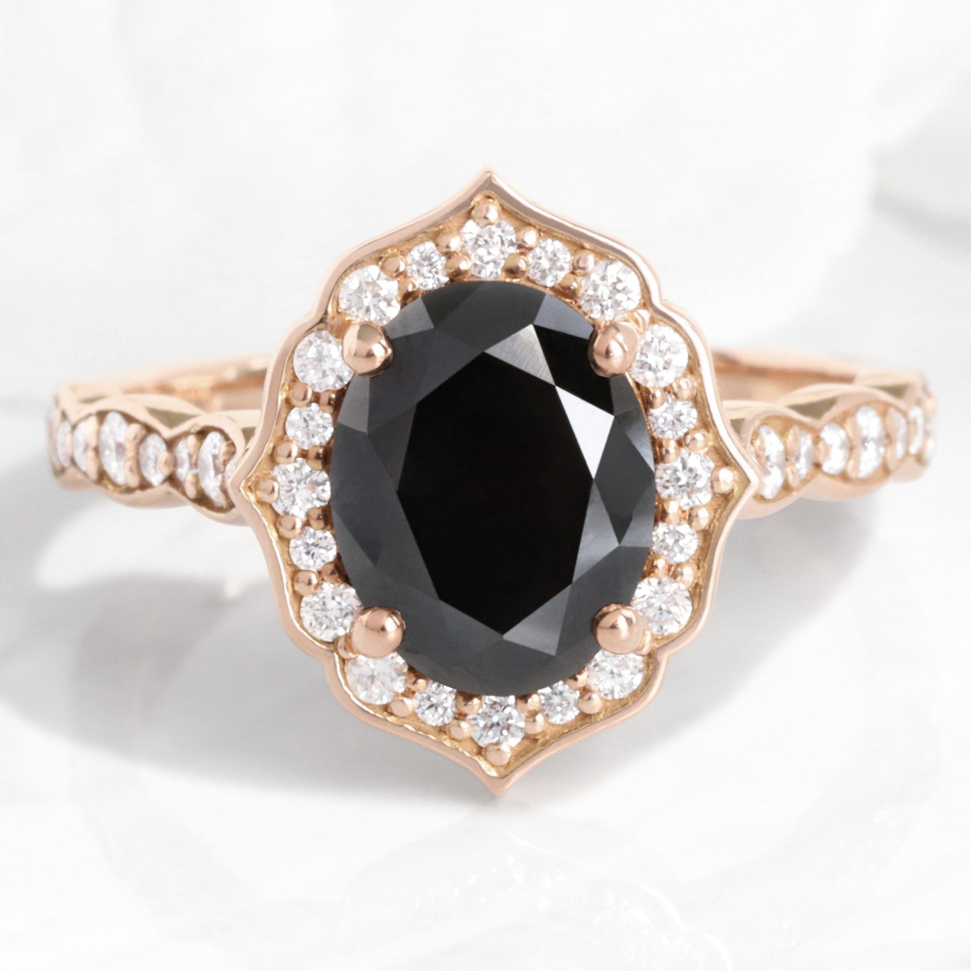 Oval Black Diamond Engagement Ring in Vintage Floral Scalloped Band