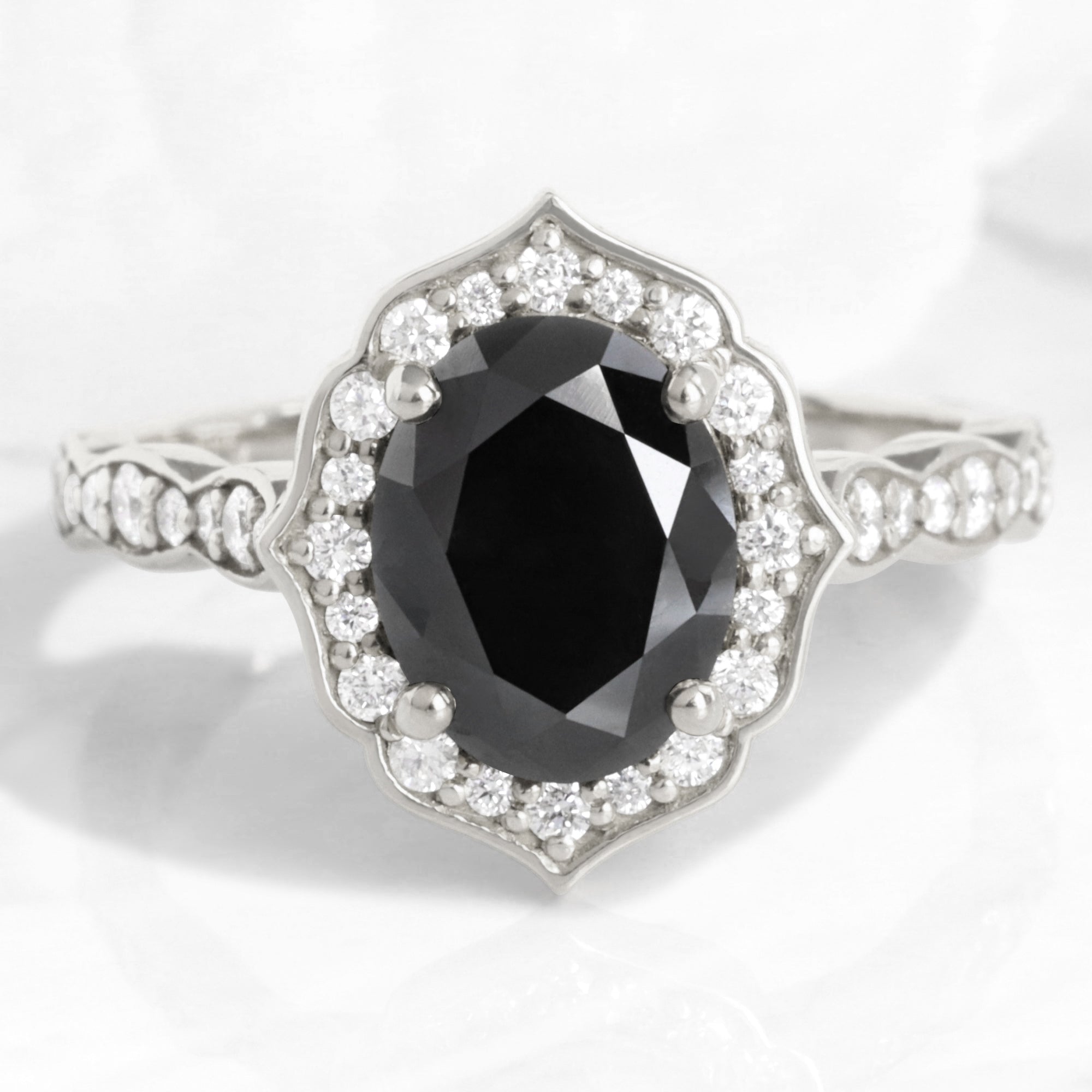 Oval Black Diamond Engagement Ring in Vintage Floral Scalloped Band